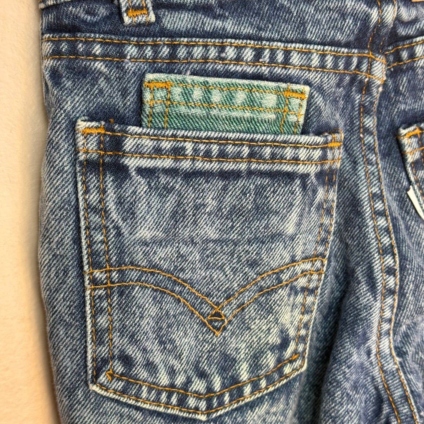 1980s Stone Wash Blue Jeans with Green Denim Accents, Levi’s Size 8, White Tab