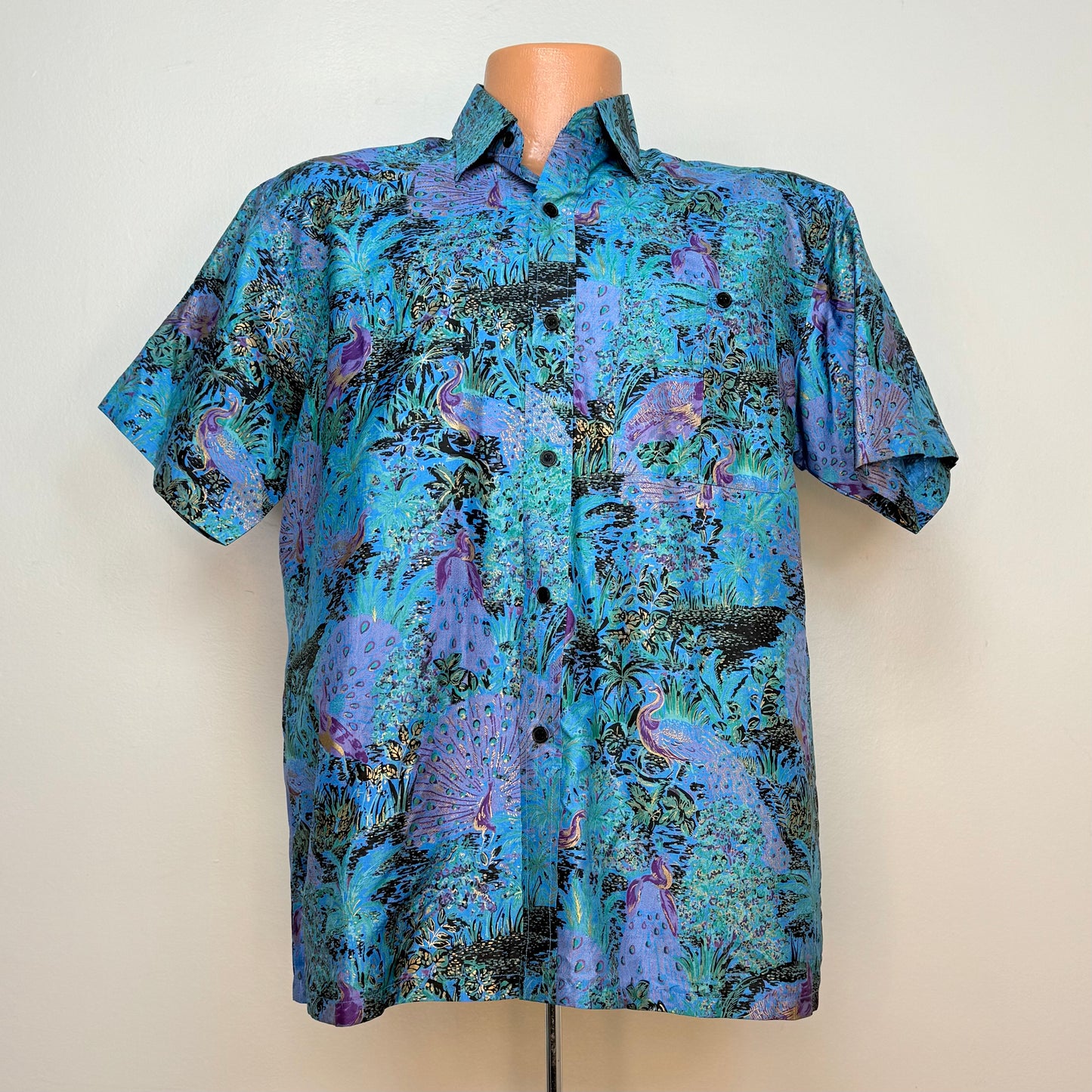 1980s/90s Peacock Print Shirt, Samorn Thai Silk Size Medium