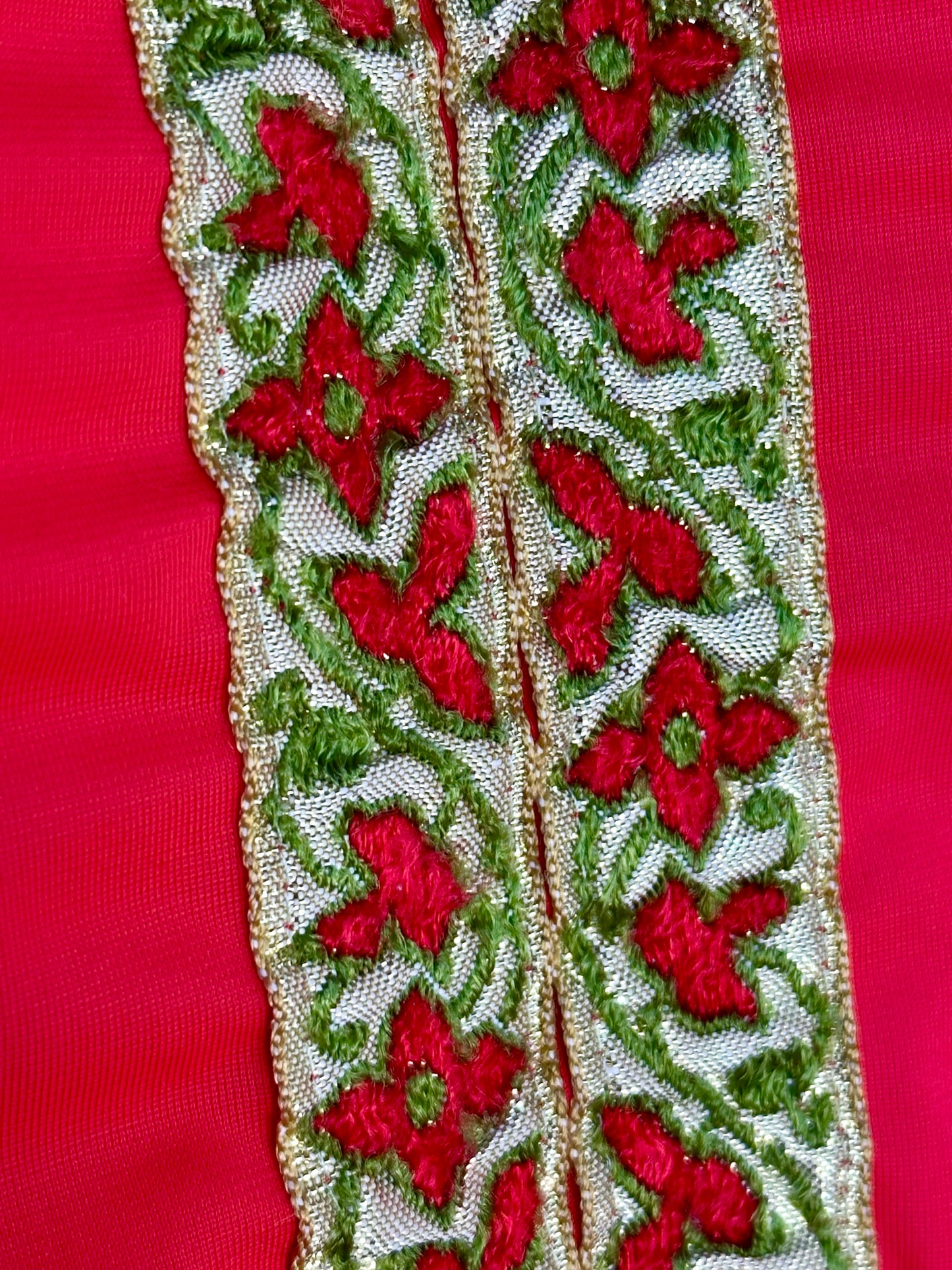 1970s Red Nightgown with Green and Red Floral Trim, Lorraine Size Small