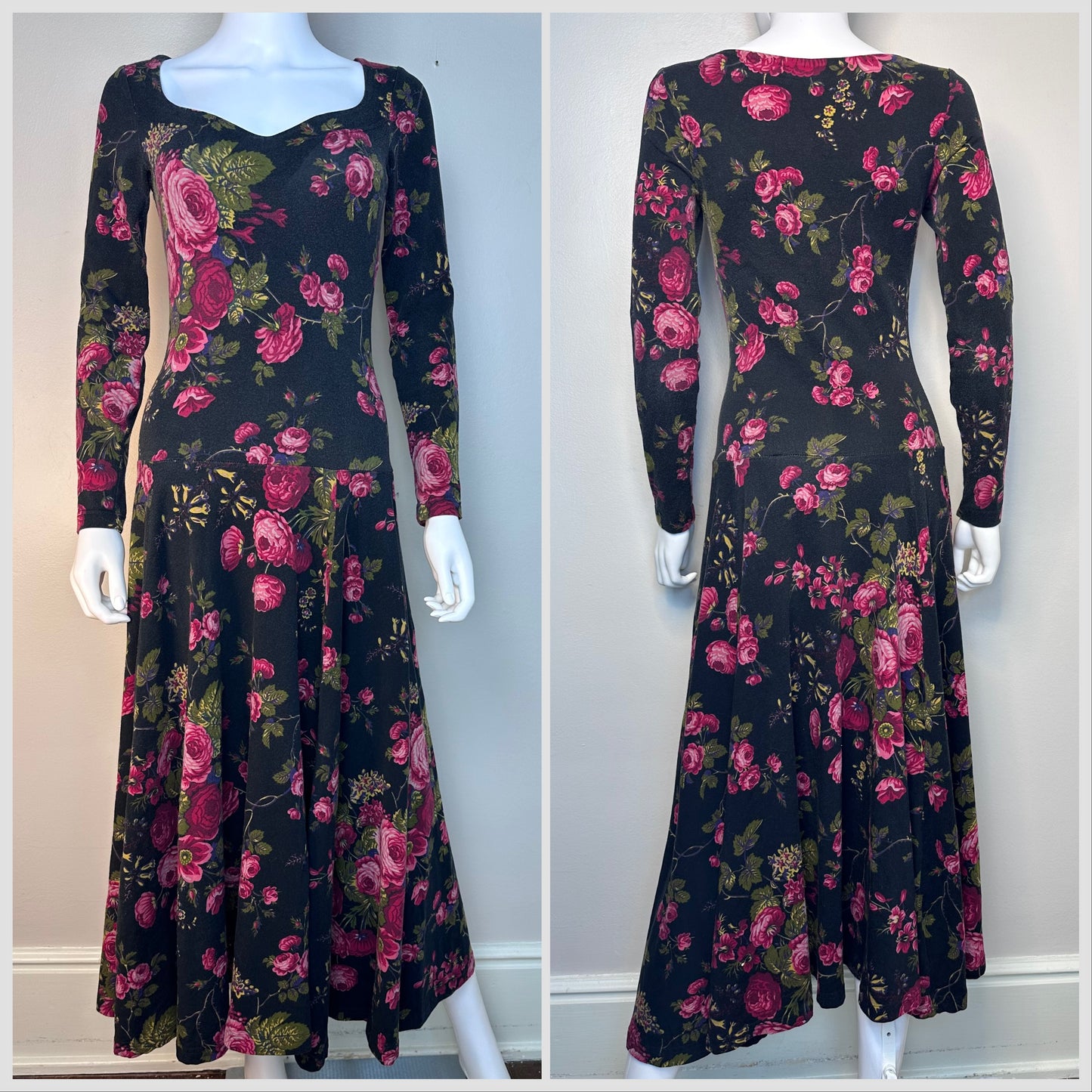 1990s Black Floral Knit Maxi Dress, Betsey Johnson Size Small, Sweetheart Neckline, Drop Waist