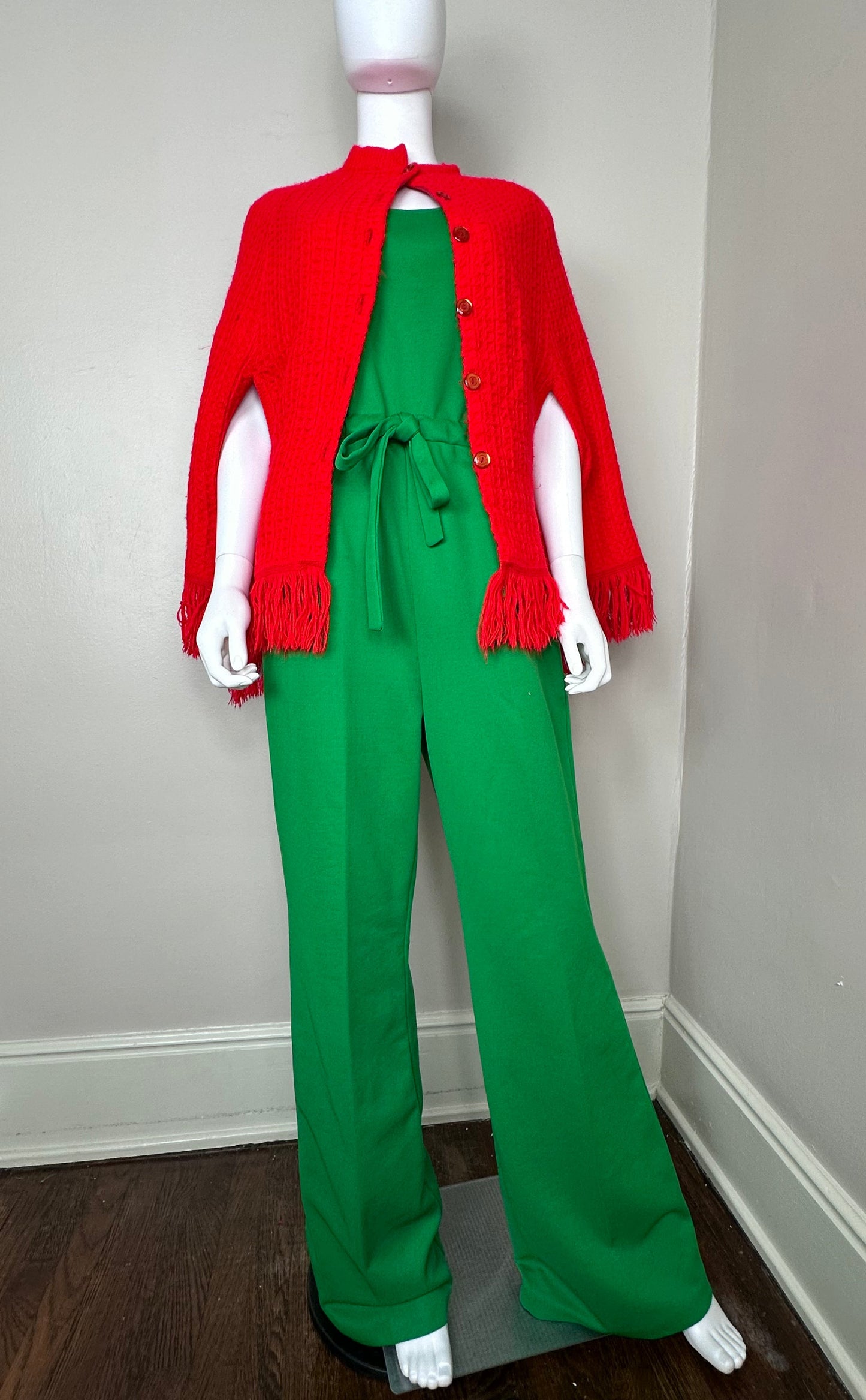 1970s Green Sleeveless Jumpsuit, Size XL, Wide Flare Leg