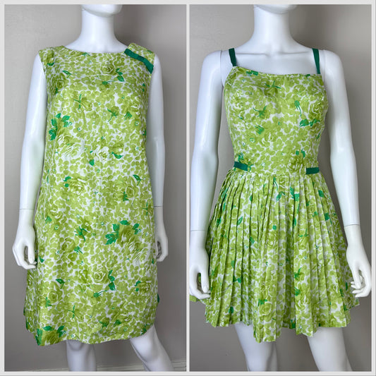 1950s Green Floral Swimsuit Skirted Romper and Cover Up Dress, Gabar Playsuit Size Small