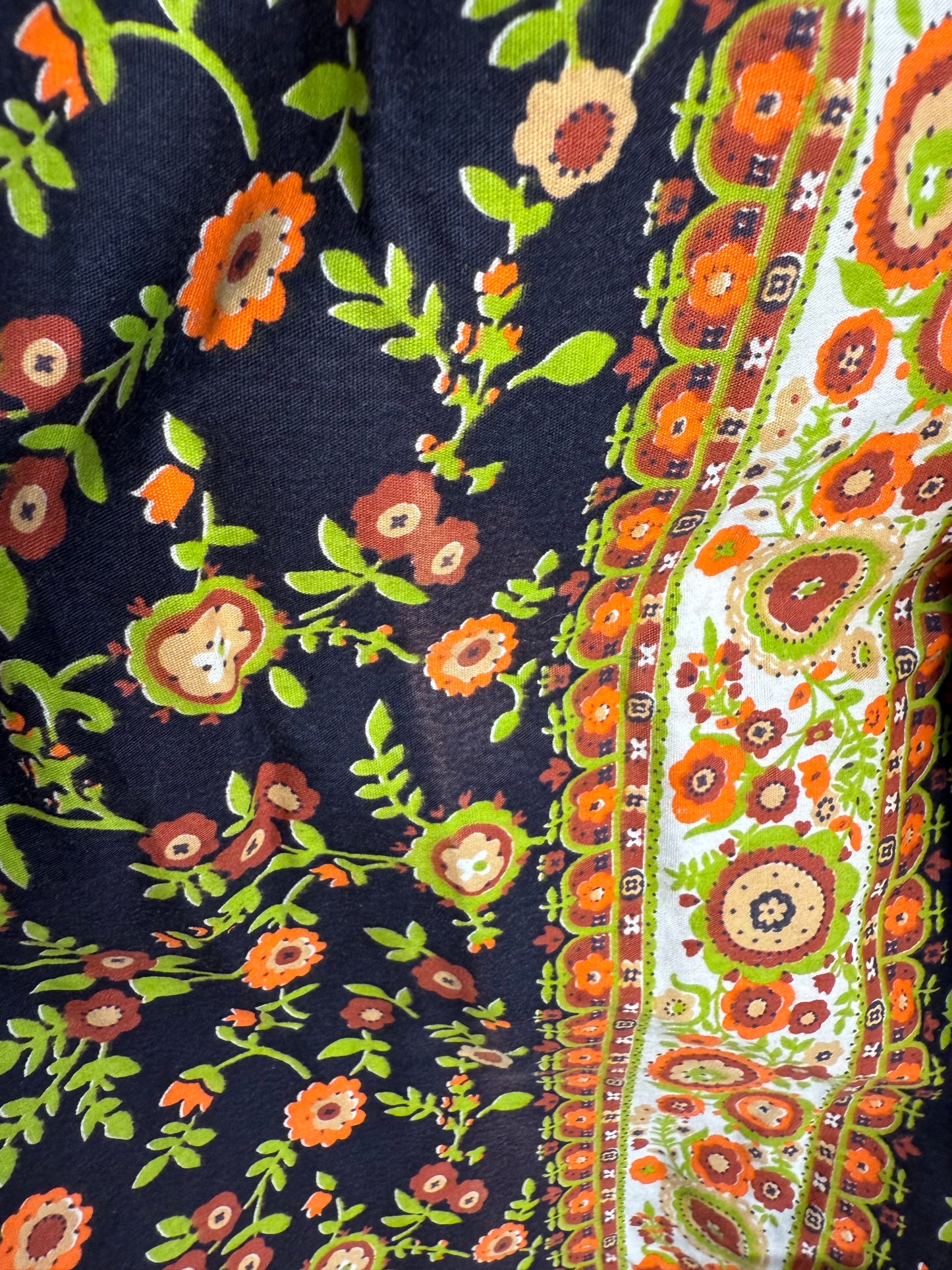 1960s Black and Orange Floral Peasant Dress with Corset Waist, Carol Brent Size Small-Medium, Montgomery Ward