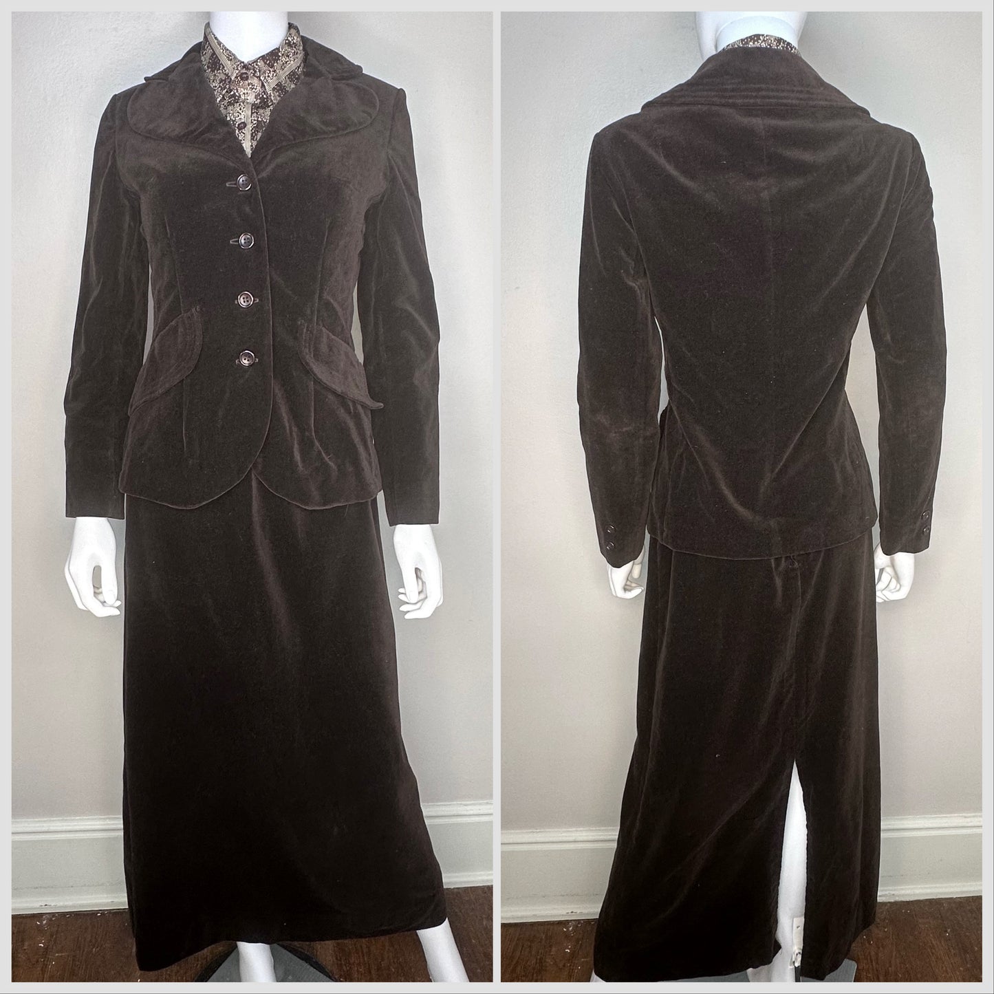 1970s Brown Velvet Suit, Blazer and Maxi Skirt, The Villager Size XS