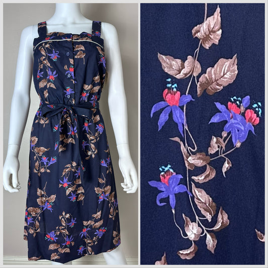 1970s/80s Navy Blue Floral Sundress, Top Made Size M/L, Sleeveless Dress, Deadstock with Tags