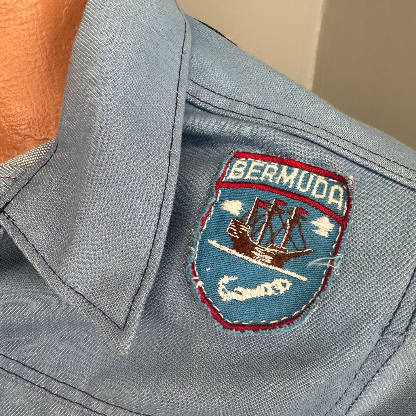 1970s Light Blue Denim Jacket with lots of added Patches, Youth XL/Adult S