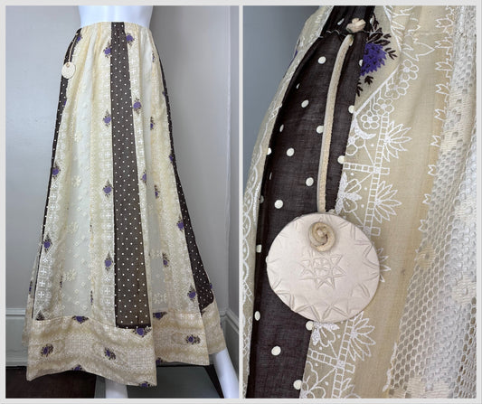 1970s Chessa Davis Maxi Skirt, Size XS-Small, Brown and Cream Patchwork, Polka Dots and Florals