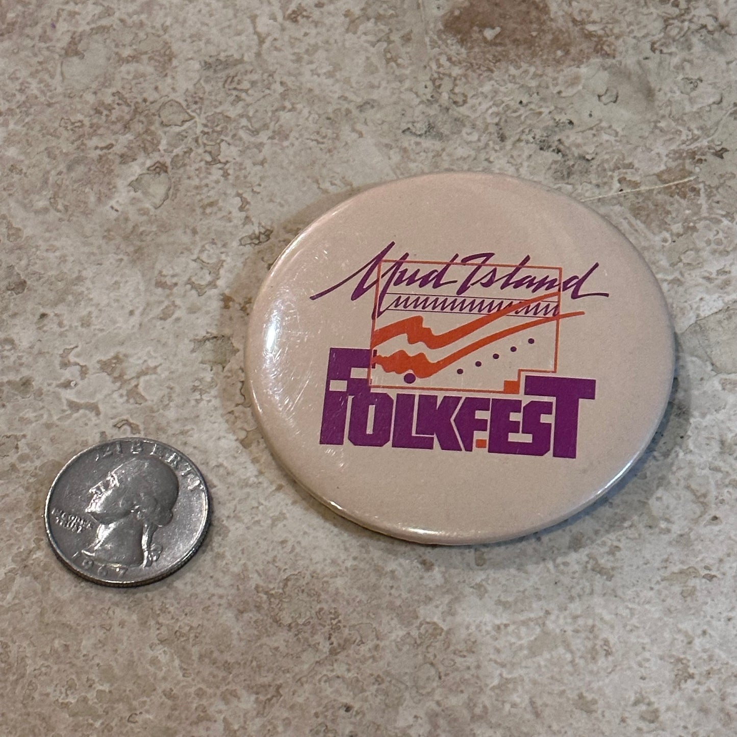 1980s Mud Island Folkfest Pinback Button, 2.5”
