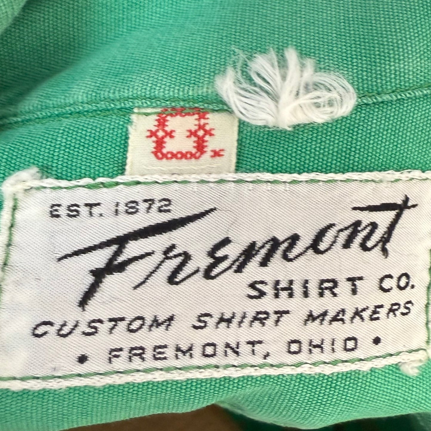1940s Men’s Green Long Sleeve Shirt, Al Chymia Temple Memphis Chain Stitch Embroidery, Fremont Shirt Co Size M/L