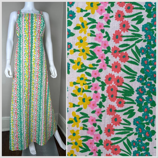 1960s Floral Stripe Sleeveless Maxi Dress, Handmade Size Medium, Leon B Rosenblatt Textiles