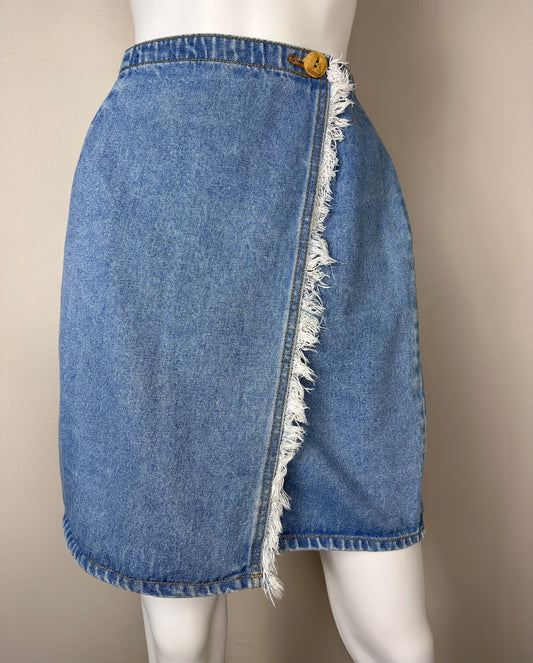 Vintage 1990s Denim Wrap Skirt, Gitano Size XS, Frayed Edge