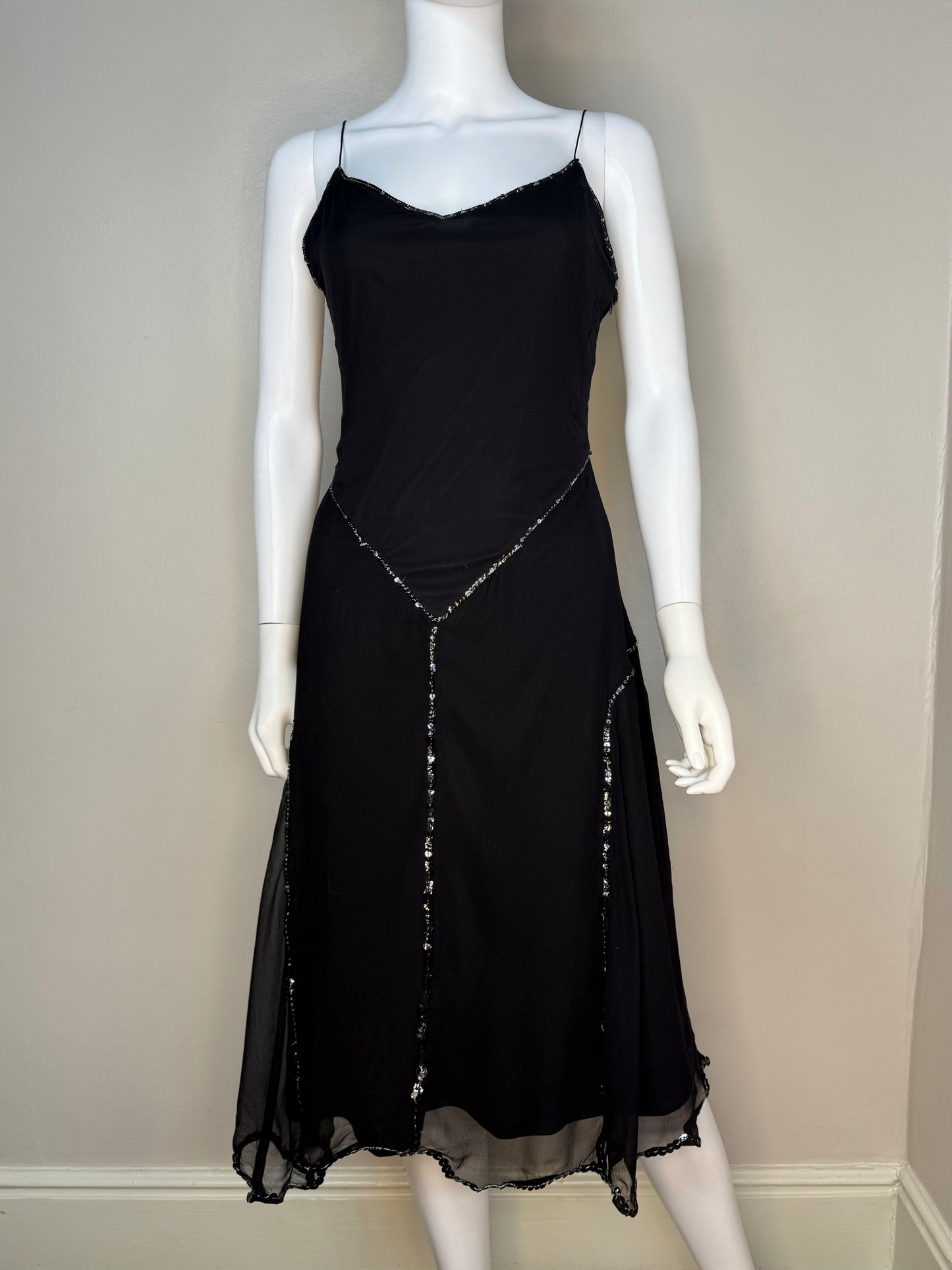 Y2K Betsey Johnson Black Sequin Slip Dress with Zig Zag Hem, Size XS/Small, Sample