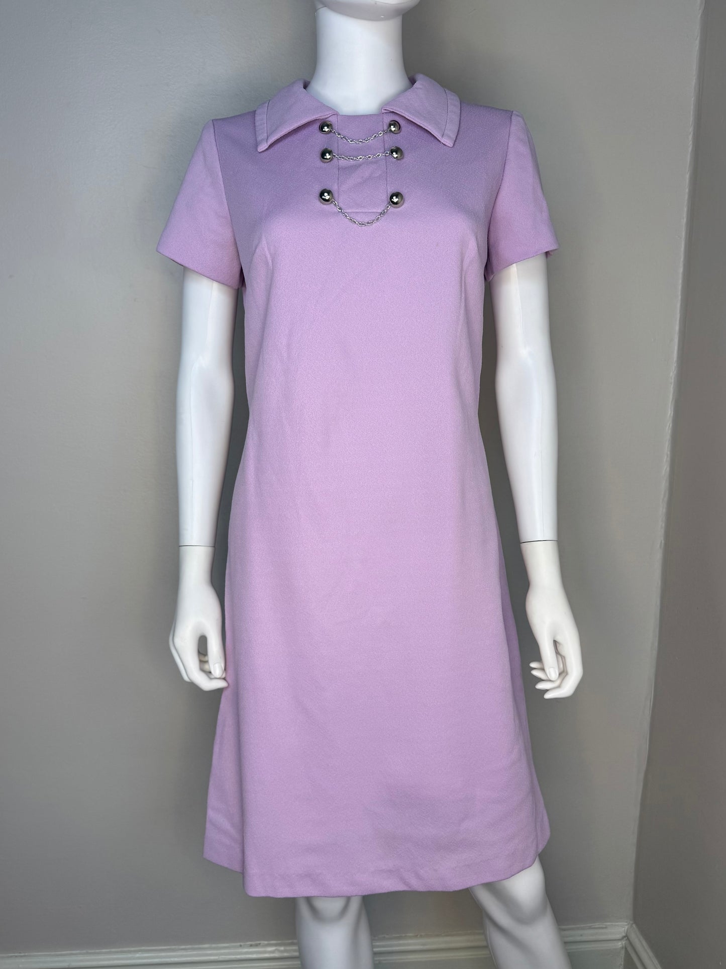 1970s Lavender Mod Dress, Jeanne Size Medium, Double Knit Polyester
