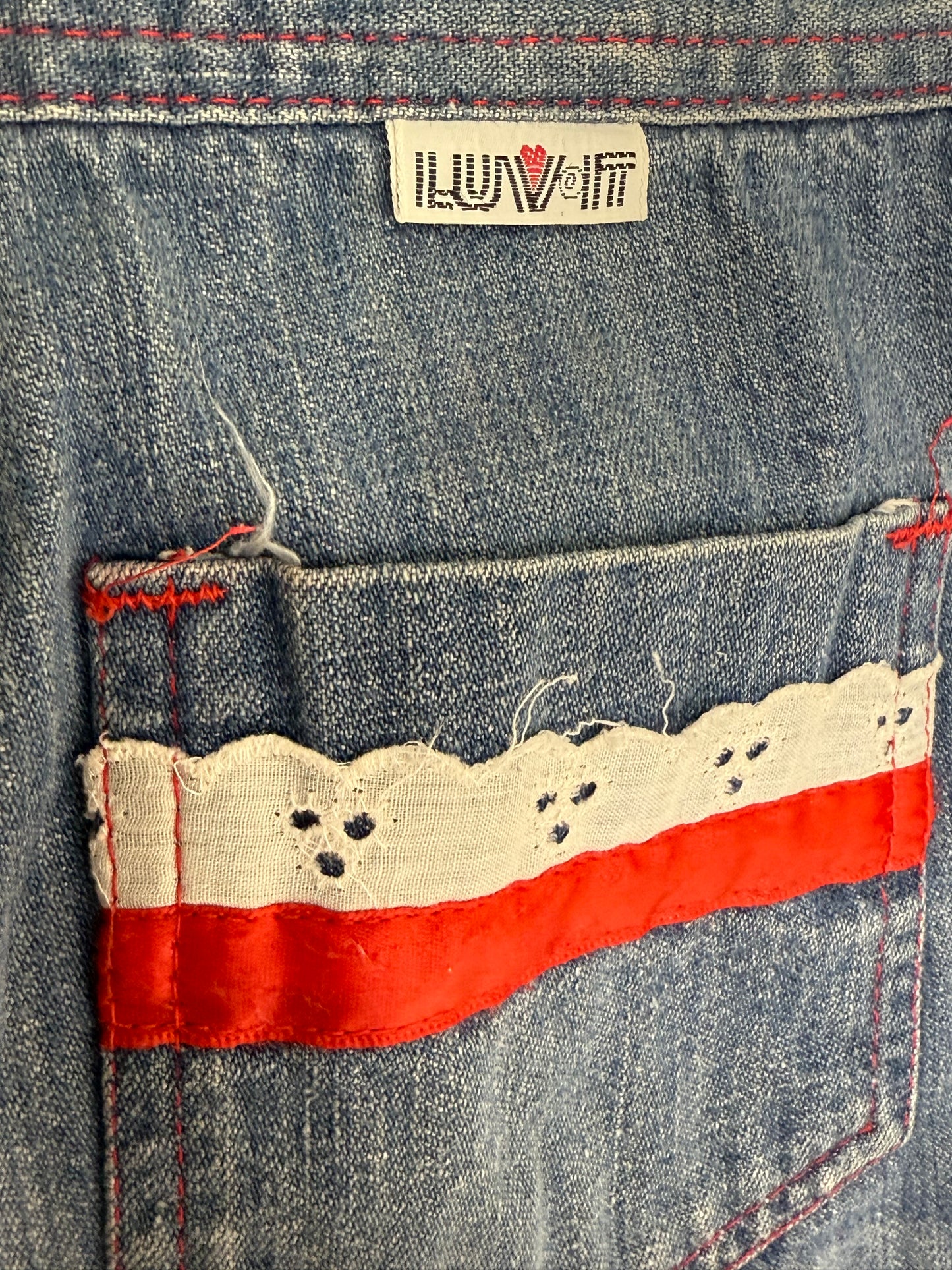 1970s Kids Bellbottom Blue Jeans with Ribbon and Lace Pockets, Luv It Size 8 Slim