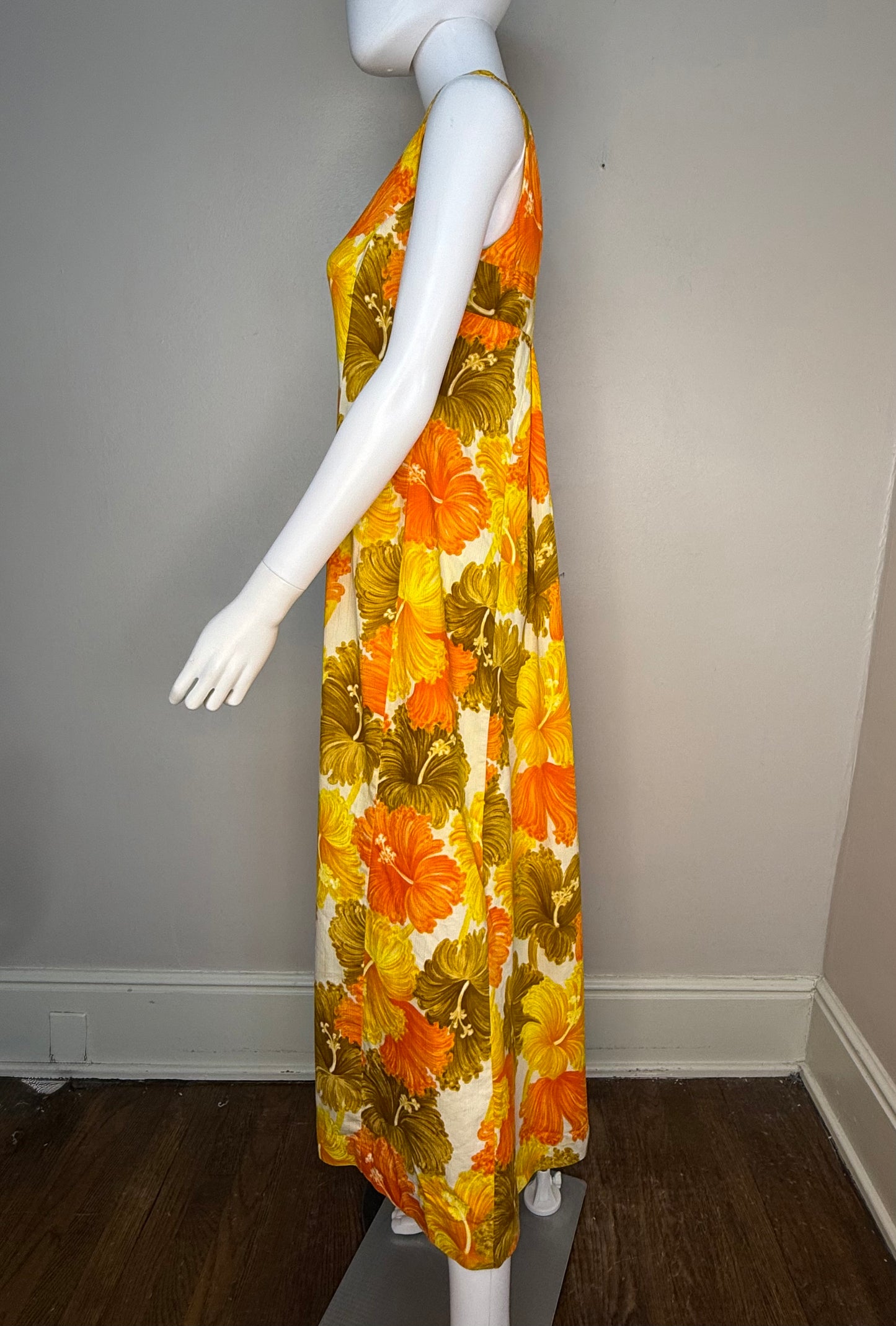 1960s Orange and Yellow Hawaiian Floral Maxi Dress, Back Pleats, An Original Hawaiian Togs Size Medium, Cotton Barkcloth