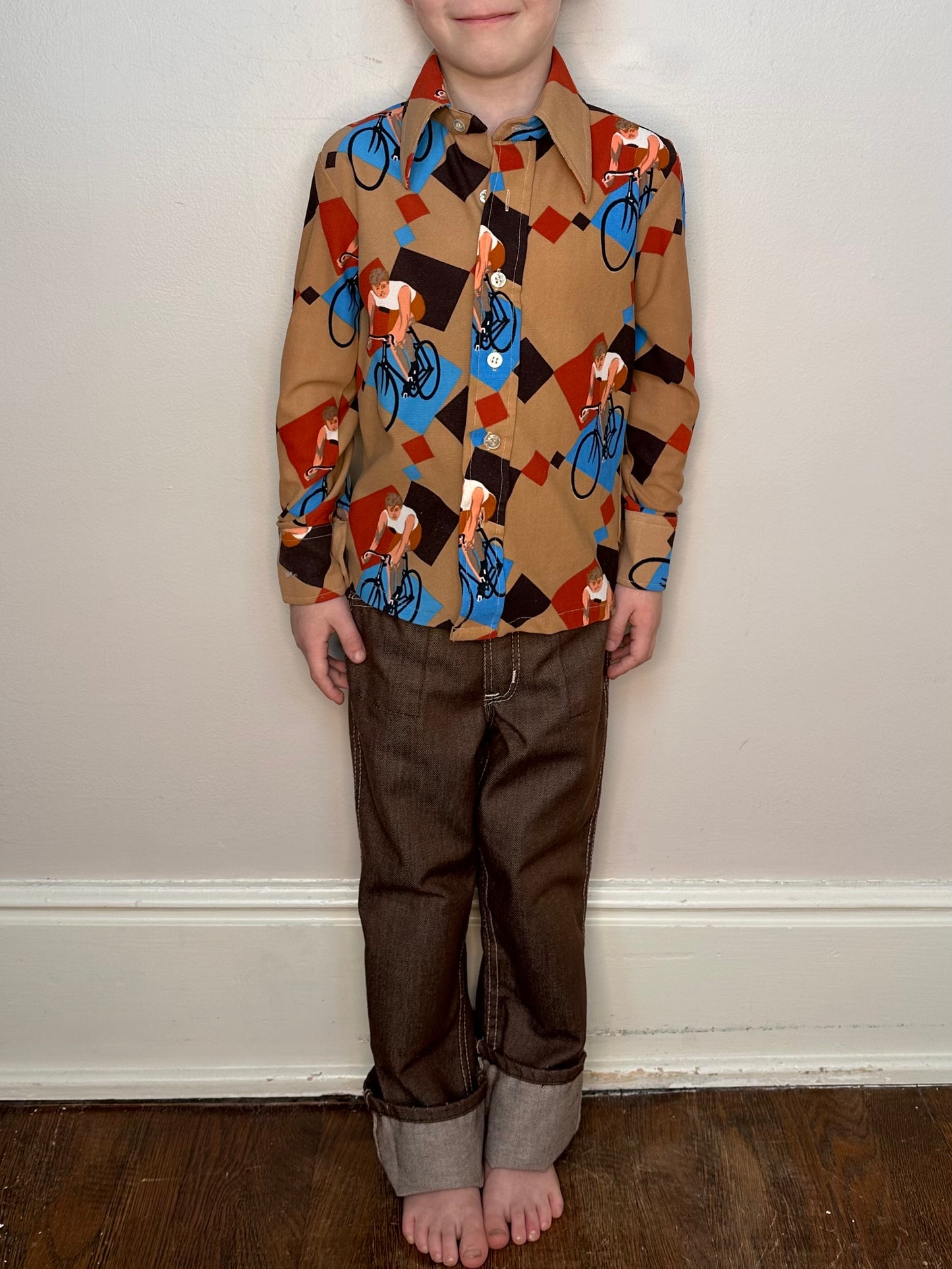 1970s Kids Bicycle Print Polyester Shirt, Wonderknit Size 6