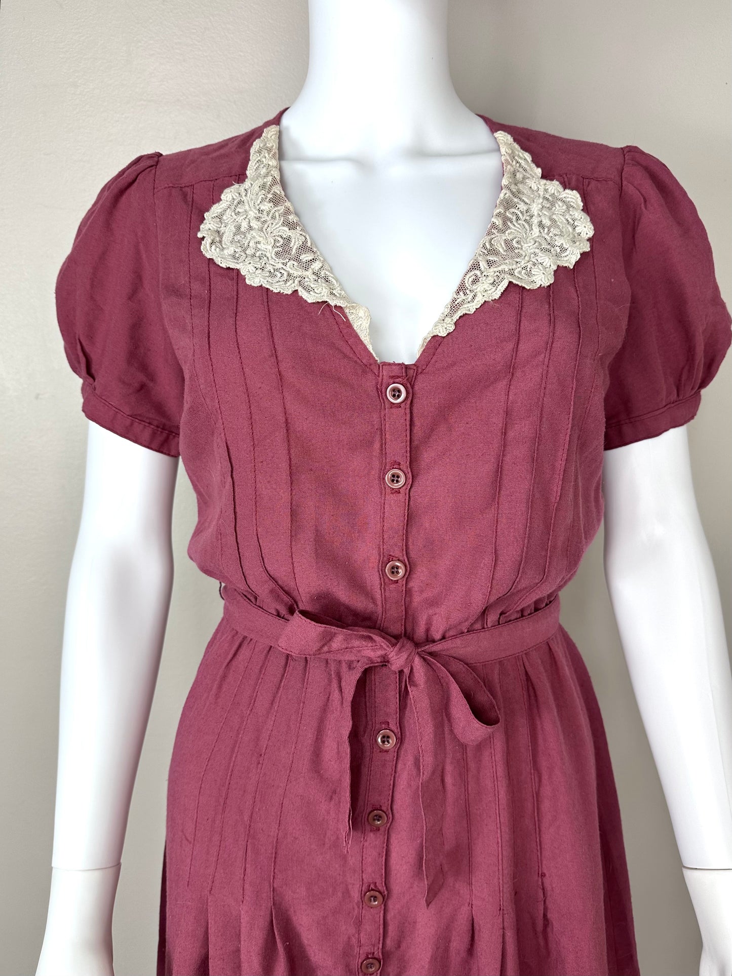 1970s Maroon Lace Collar Button Front Dress, Foxy Lady Size Small