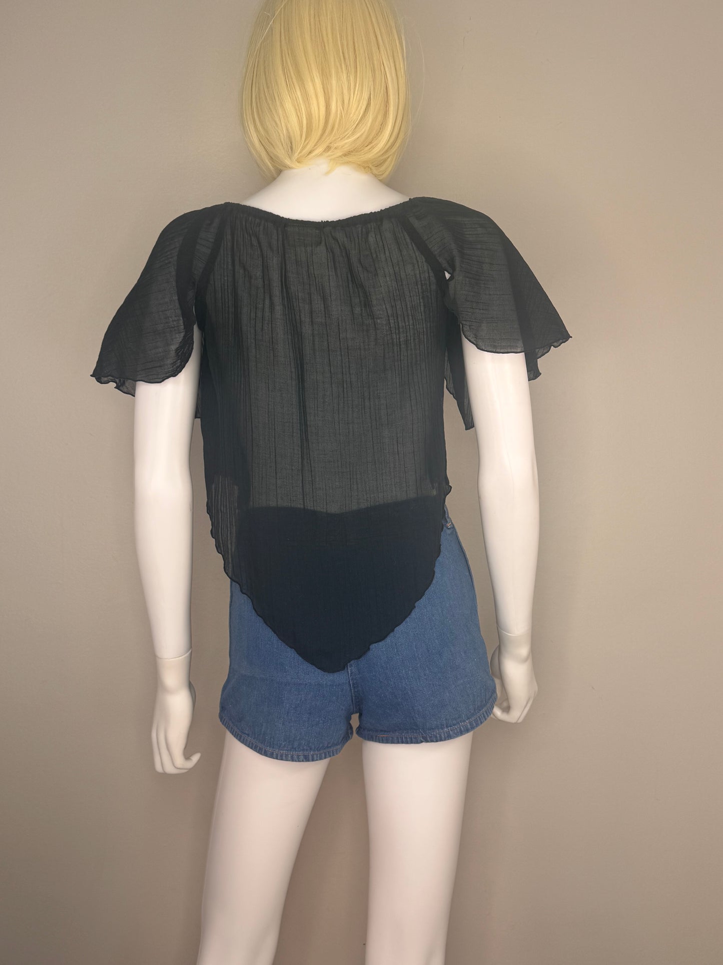 1970s Sheer Black Boho Top, Byer California Size Medium, Handkerchief Hem