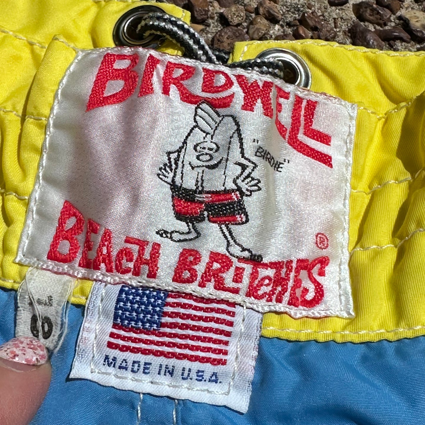 1980s Blue and Yellow Baby Swim Trunks, Birdwell Beach Britches Size 18 month, Surf Board Shorts