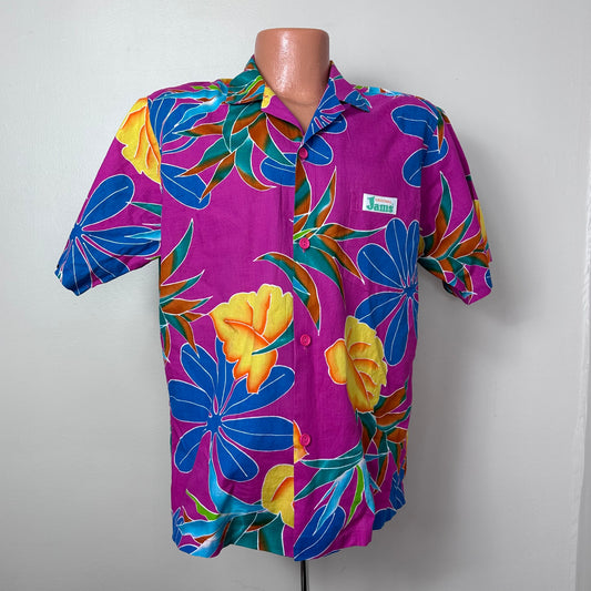1980s Original Jams Pink Hawaiian Shirt, Surf Line Size Medium