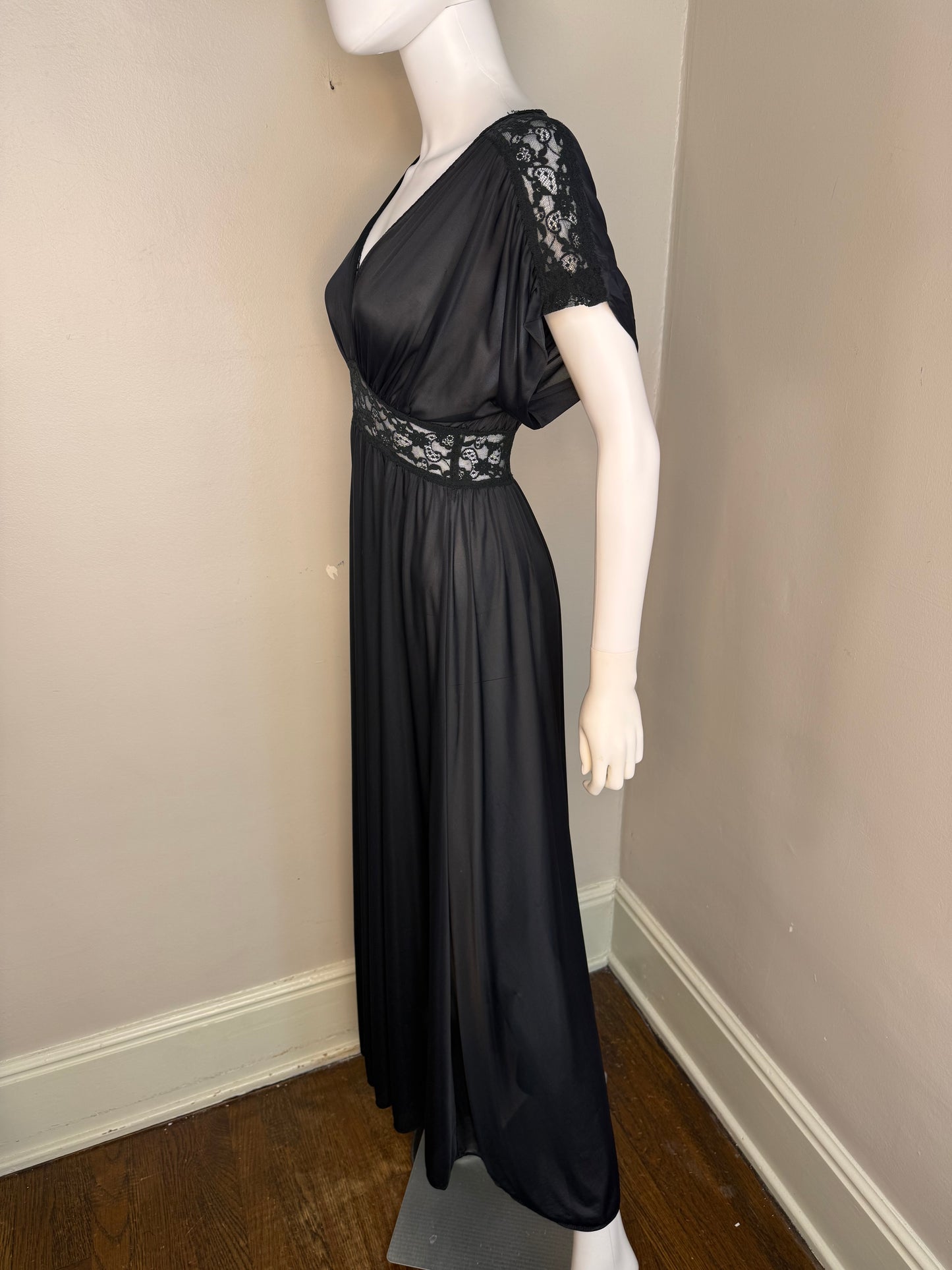 1970s Black Olga Secret Hug Nightgown, Size XS/Small, Lace Cut Outs, Full Length, Lingerie