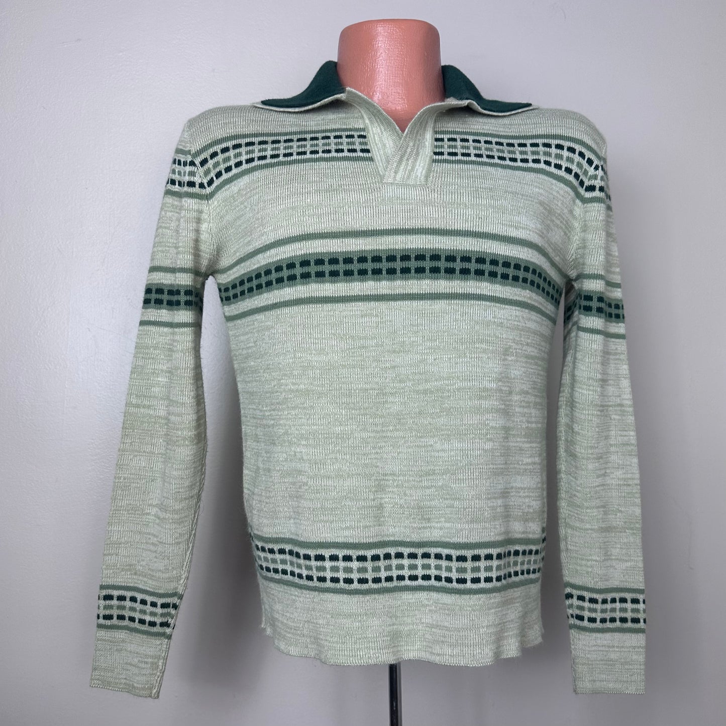 1970s Green Stripe Collared Sweater, Sundowner Size Medium