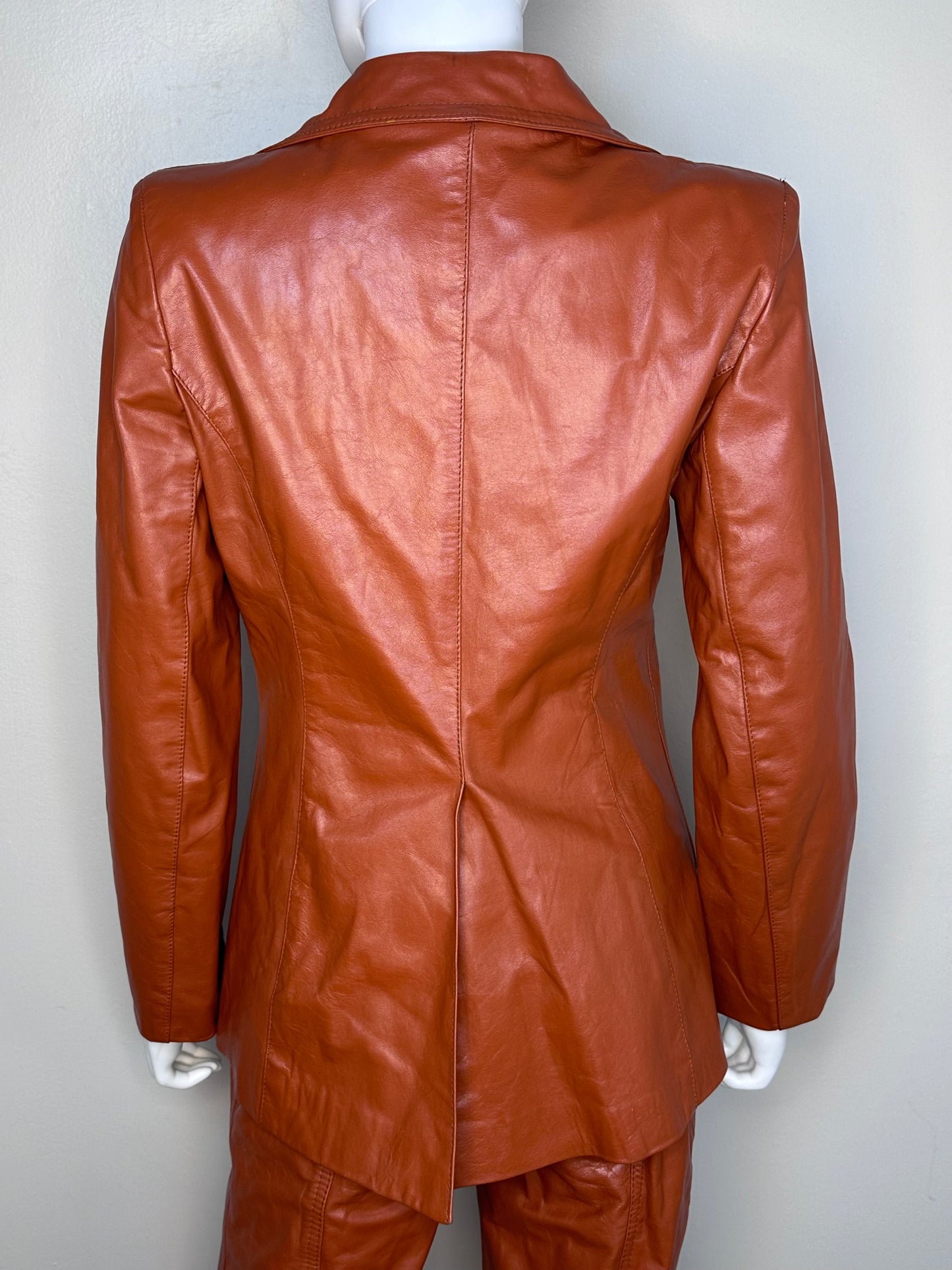 1970s Women’s Brown Leather Three Piece Pant Suit, Margaret Godfrey for Bagatelle Size XS, Blazer Vest Pants