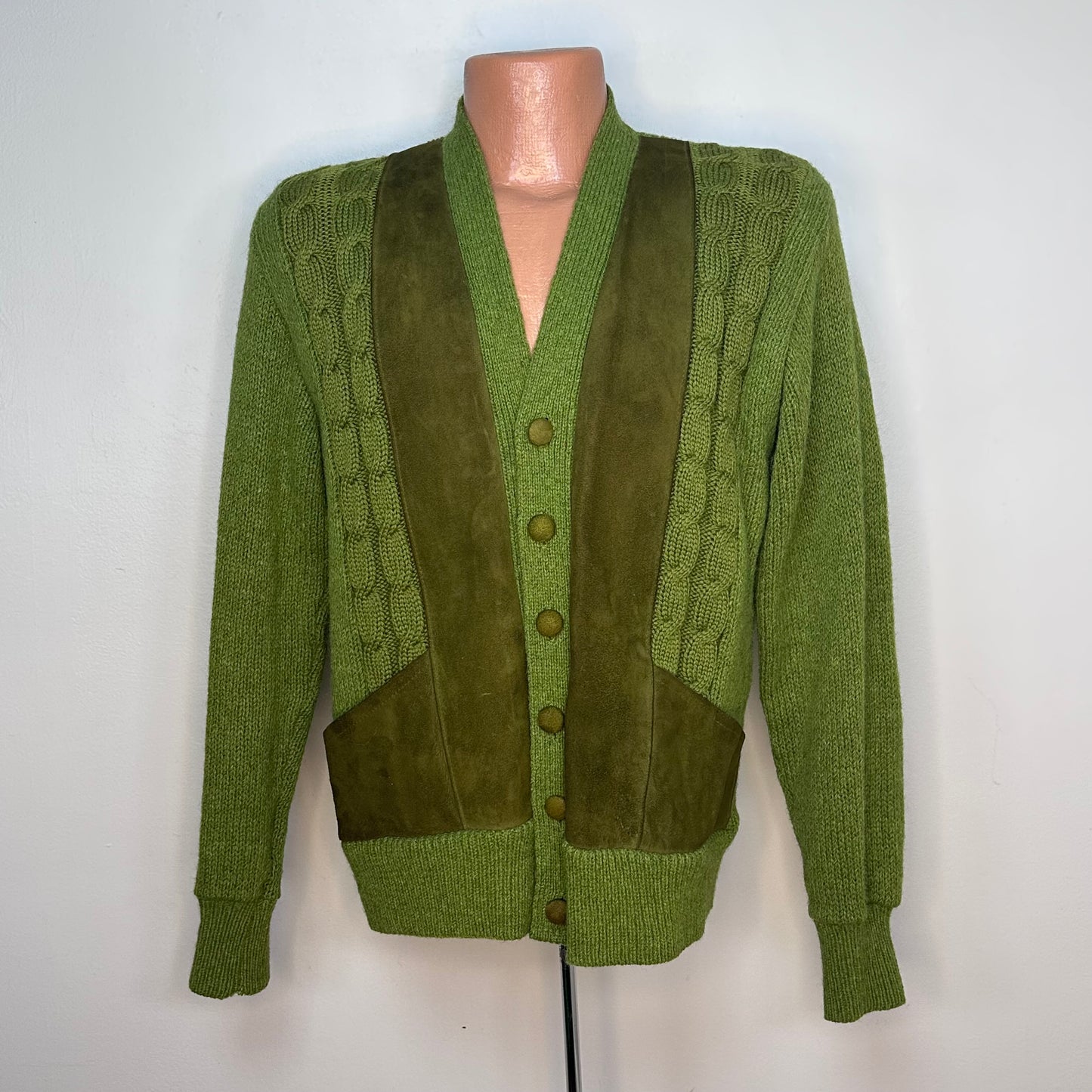 1960s Green Wool and Leather Cardigan Sweater, Sedgewick Sportswear Size Medium