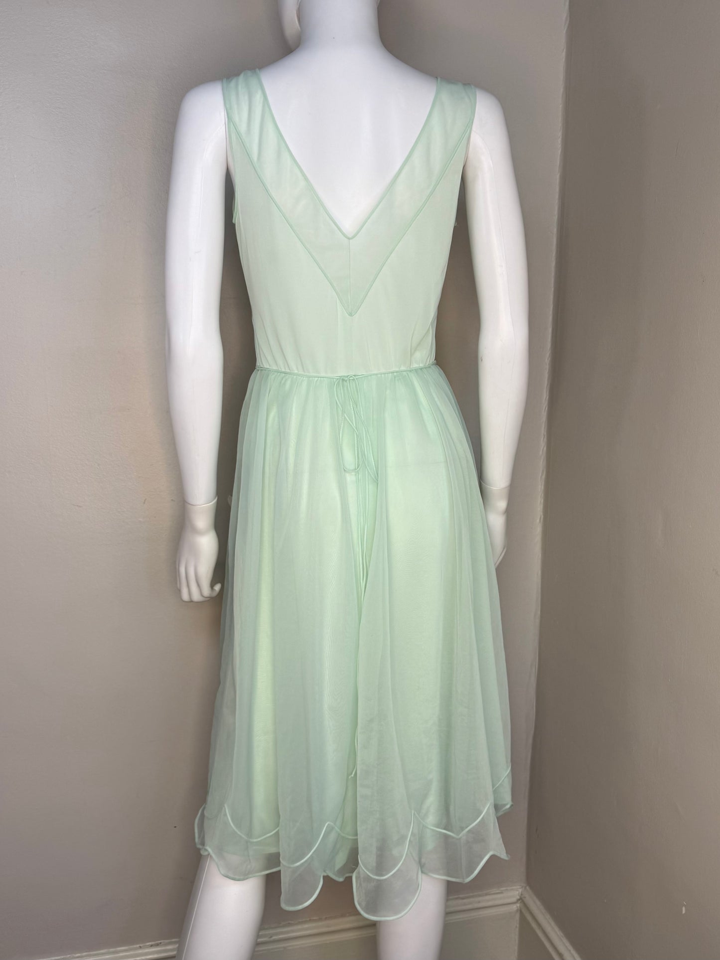1950s Sheer Pastel Green Nightgown with Floral Appliqués, Shadowline Size XS-Small, Mint, Nylon