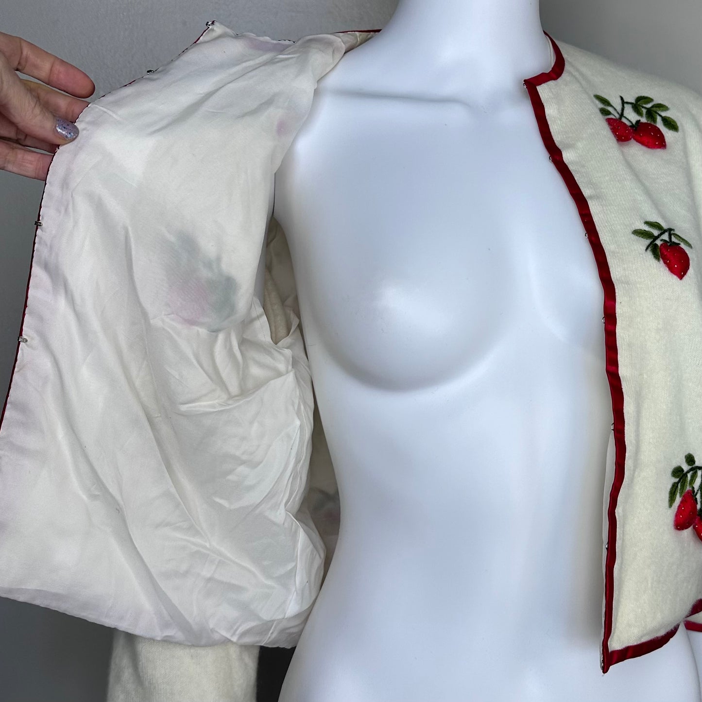 1960s Cardigan Sweater with 3D Strawberries, Doncaster Size Medium