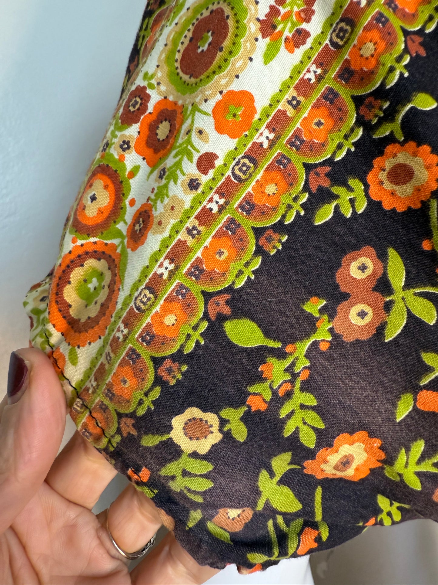 1960s Black and Orange Floral Peasant Dress with Corset Waist, Carol Brent Size Small-Medium, Montgomery Ward