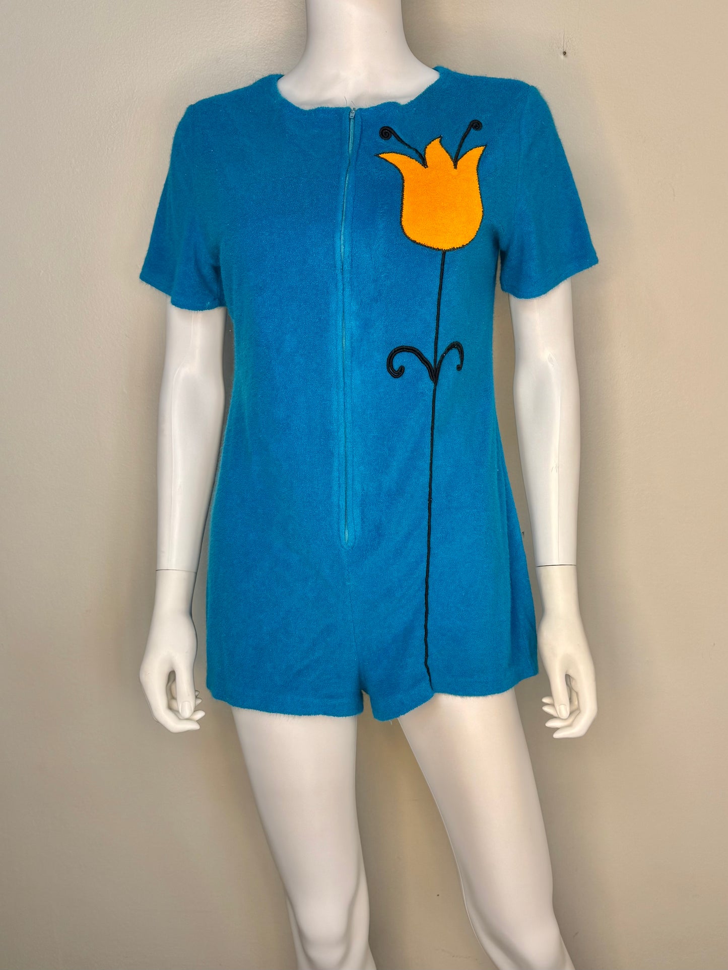 1960s Aqua Terrycloth Romper with Orange Floral Appliqué, Size Medium-Large, Zip Up Front