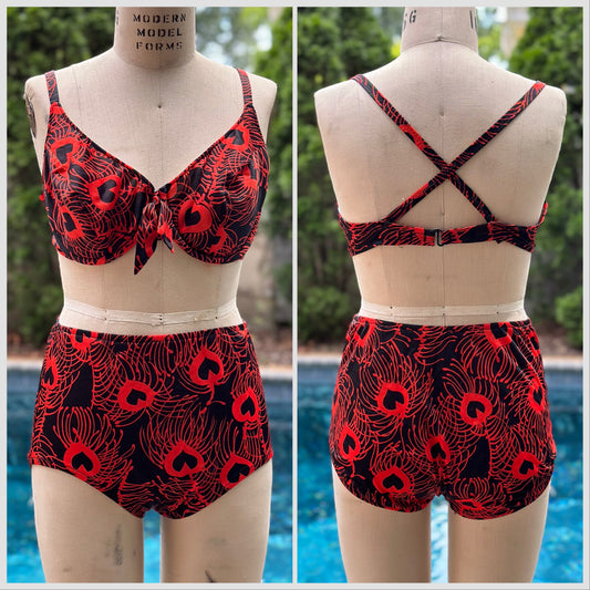 1970s Red and Black Heart Feather Print Bikini, Jantzen Size 36D Top, Small-Medium Bottoms