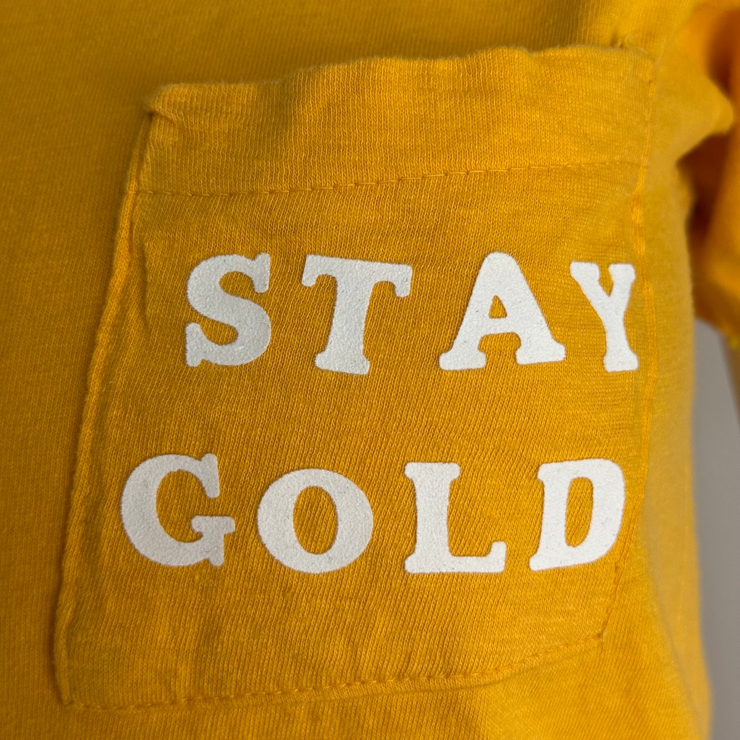 1970s Stay Gold Mustard Yellow T-Shirt, Size Small, Pocket Tee