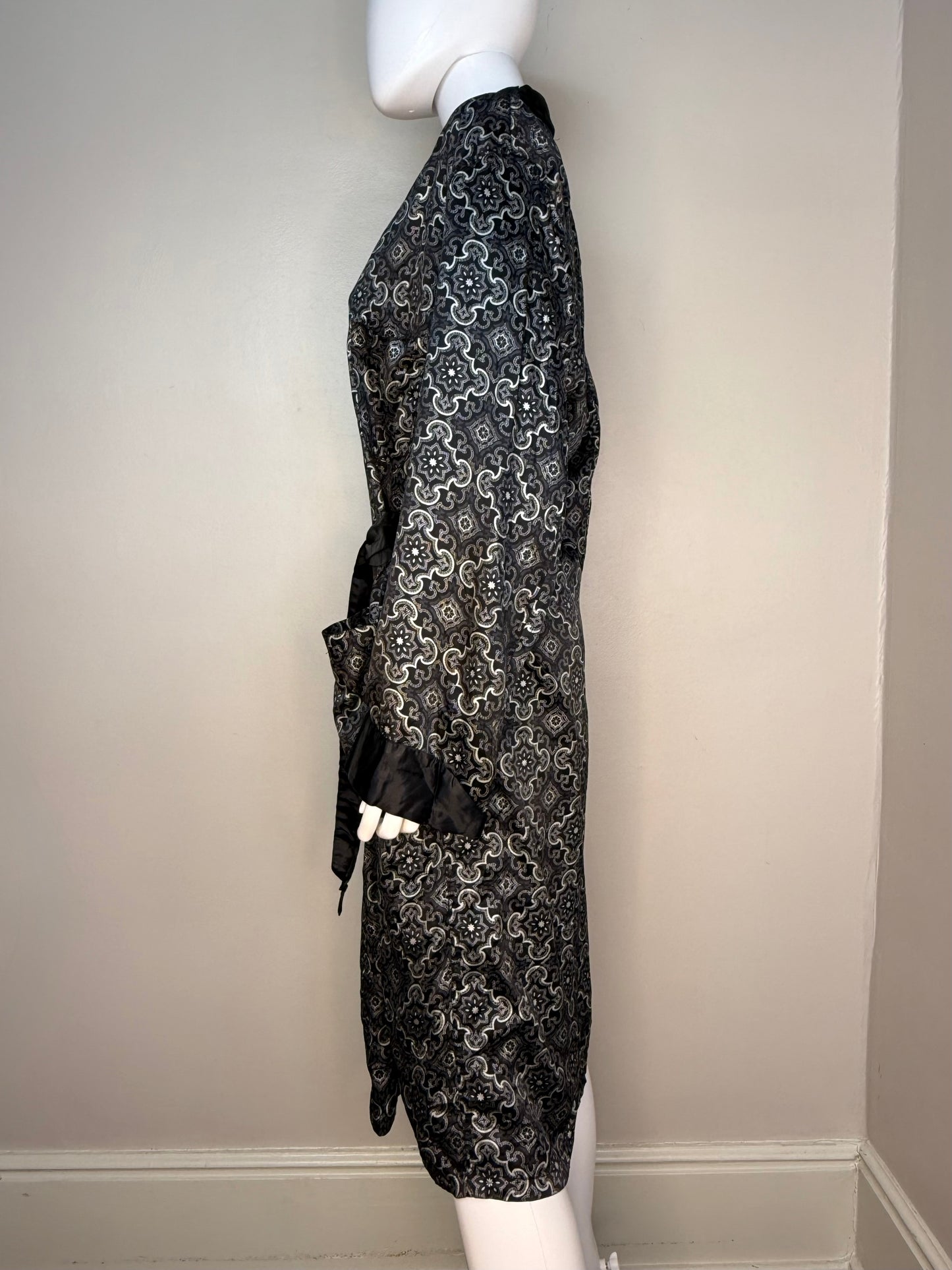 1960s Men’s Black Medallion Print Robe, Smoking Jacket, Sears Size Medium