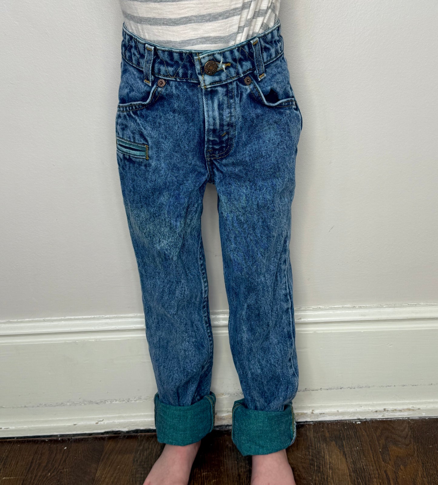 1980s Stone Wash Blue Jeans with Green Denim Accents, Levi’s Size 8, White Tab