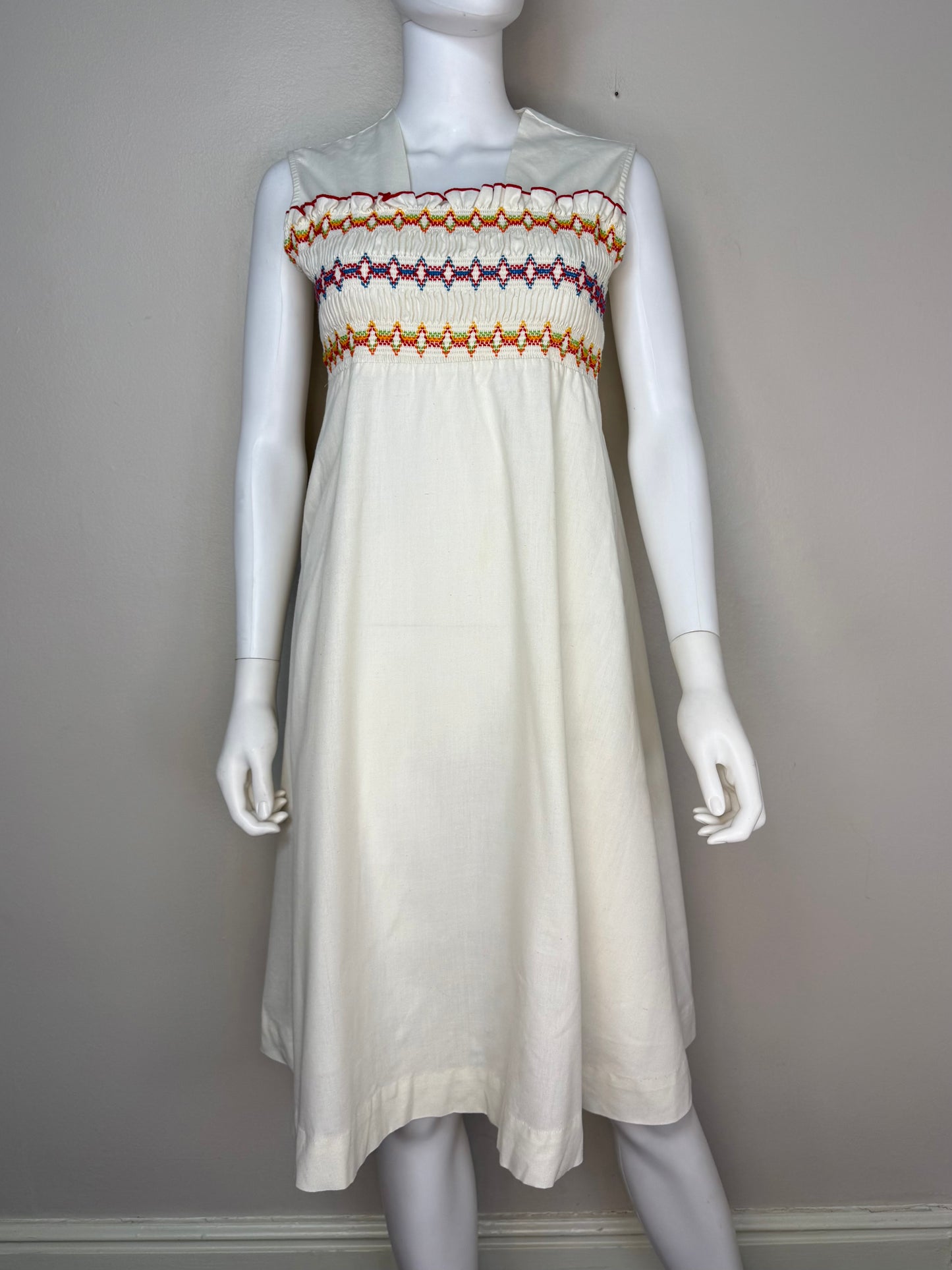1970s Rainbow Smocked Bodice Sundress, Size Medium, Sleeveless Midi Dress