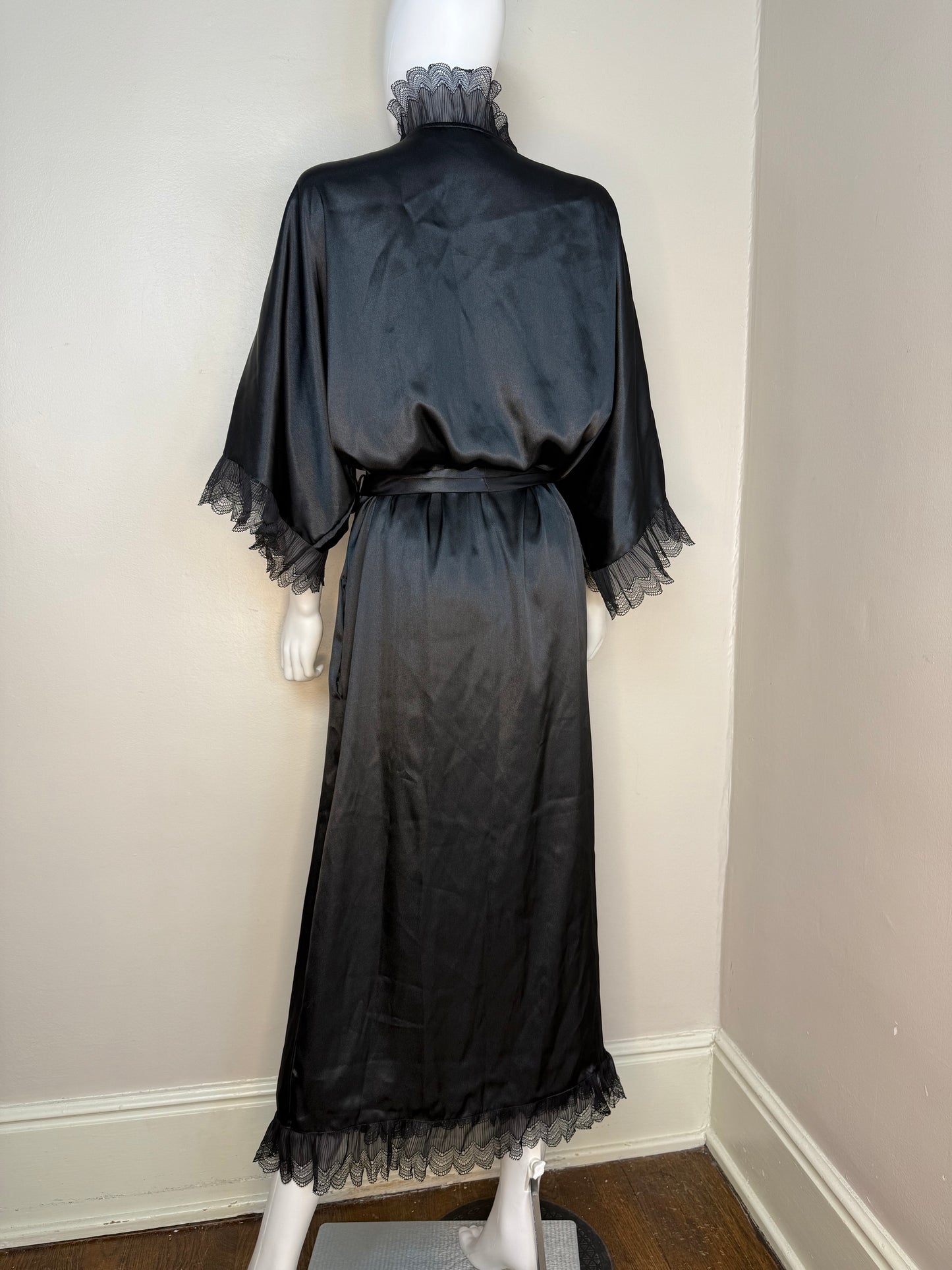 1980s Christian Dior Lingerie Peignoir Set, Nightgown and Robe, Black Satin and Lace, Size Medium