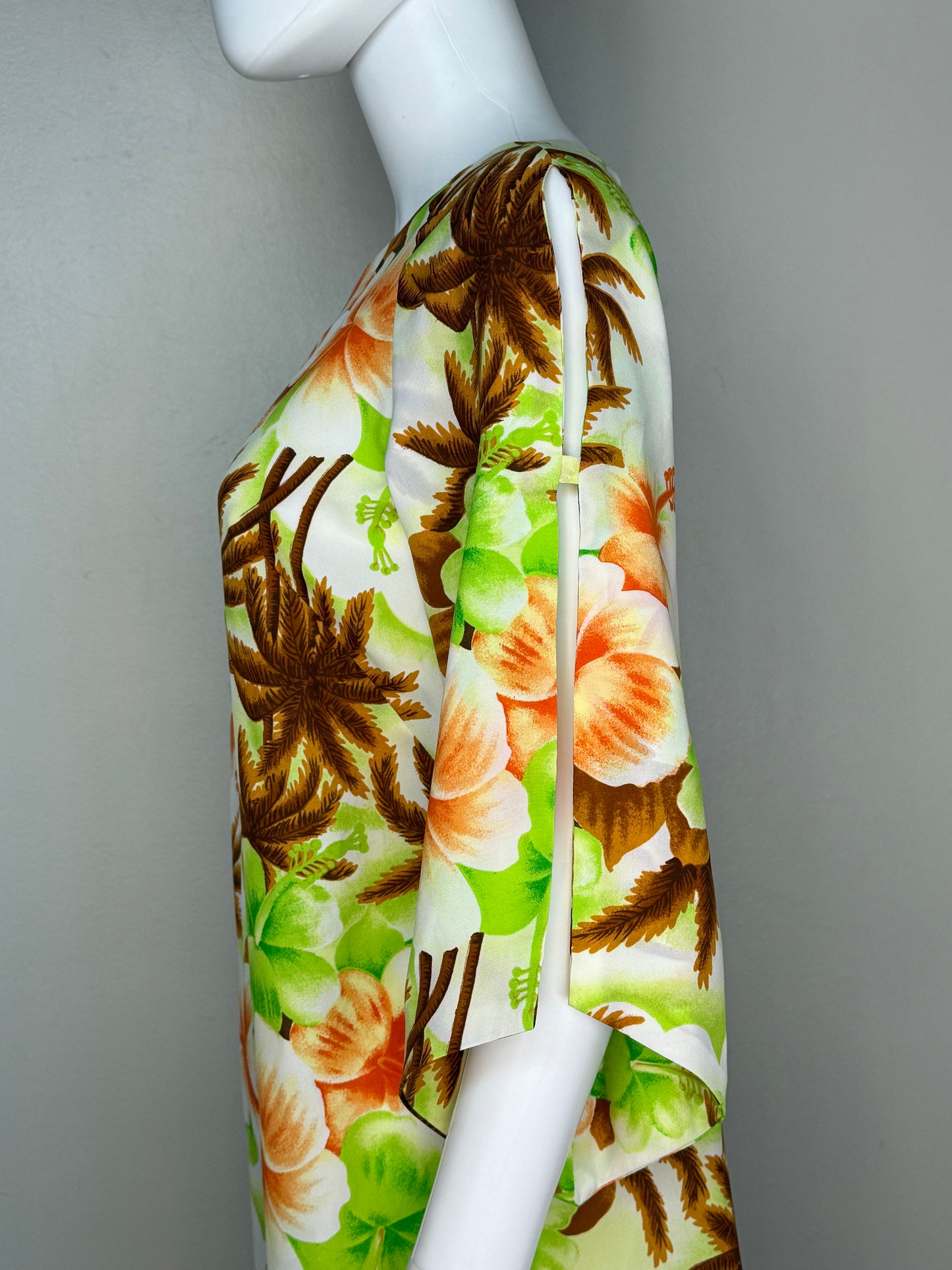 1970s Hawaiian Floral Maxi Dress with Split Bell Sleeves, Pomare Hawaii