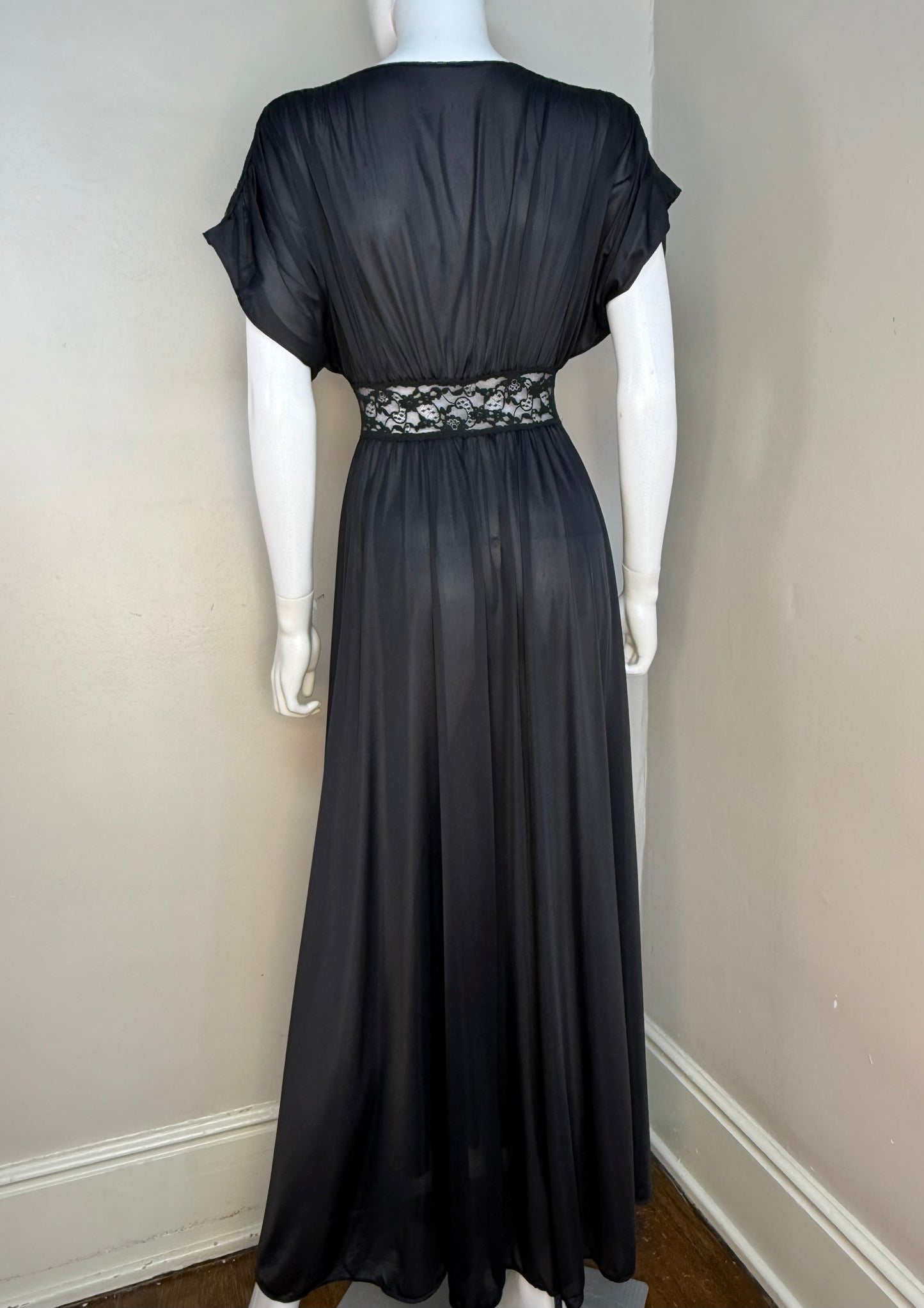 1970s Black Olga Secret Hug Nightgown, Size XS/Small, Lace Cut Outs, Full Length, Lingerie