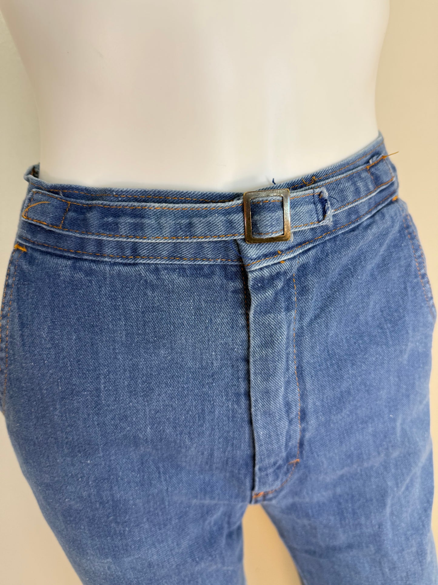 1970s Blue Jeans with Buckle Waist Band, K-Mart, 29"x31.5", High Rise Boot Cut