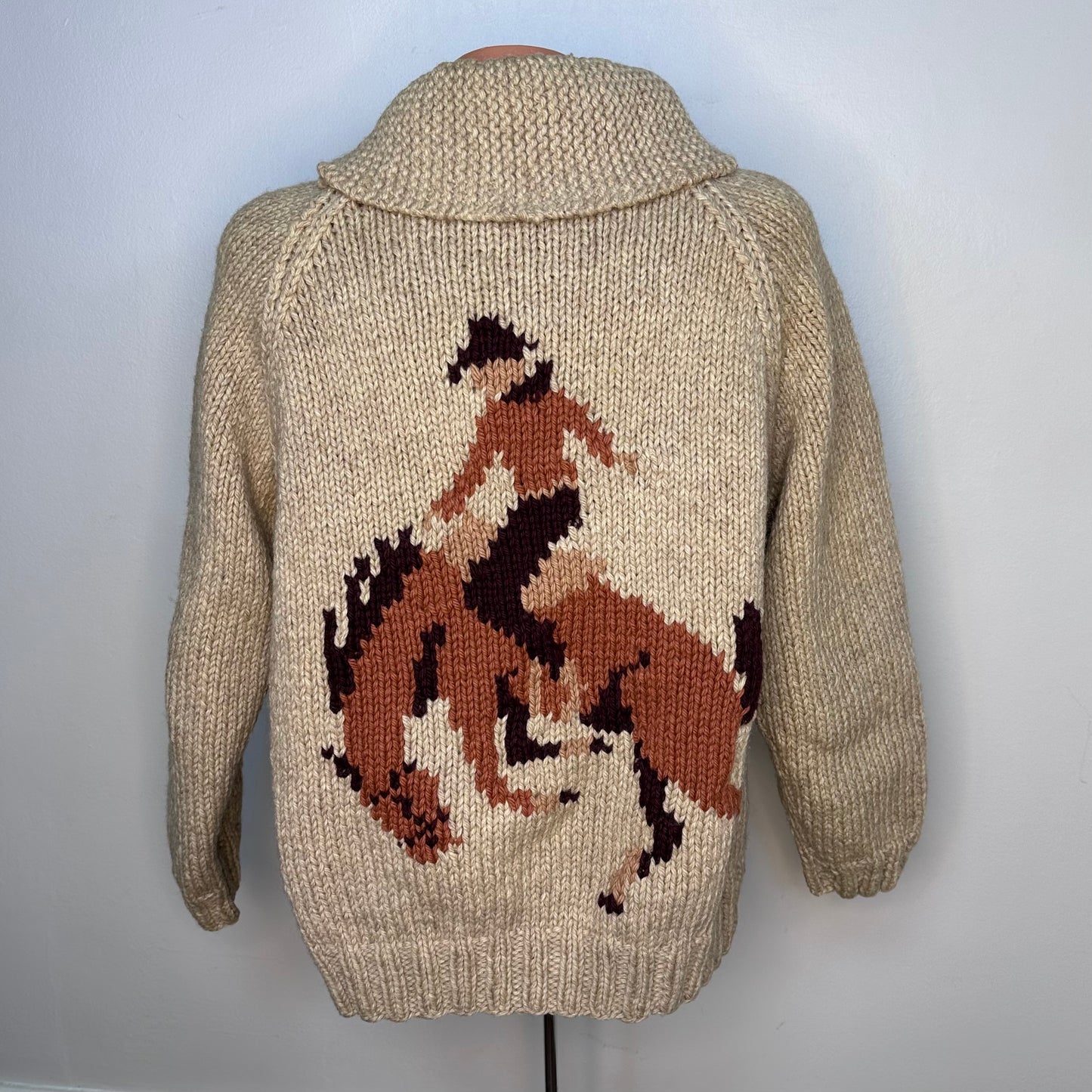 1960s/70s Mary Maxim Rodeo Cardigan Sweater, Size M-L, Shawl Collar, Hand Knit, Cowboy Bucking Bronco