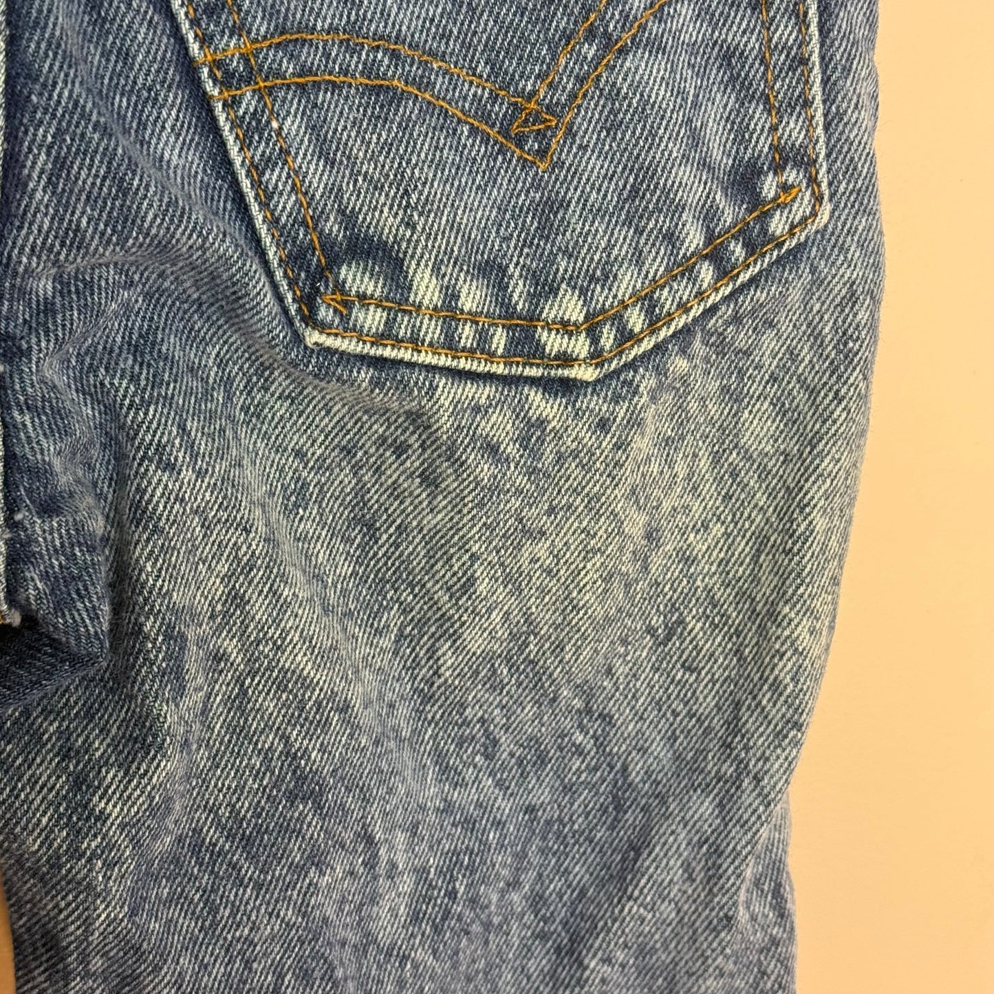 1980s Stone Wash Blue Jeans with Green Denim Accents, Levi’s Size 8, White Tab