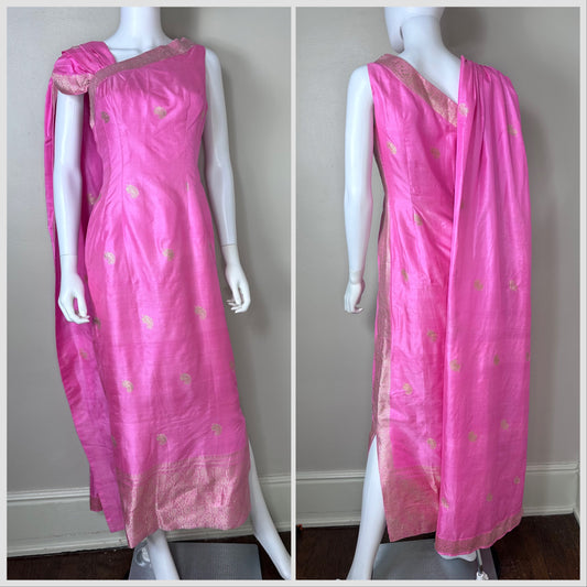 1960s Pink Indian Sari Inspired Evening Gown Maxi Dress, Size X-Small