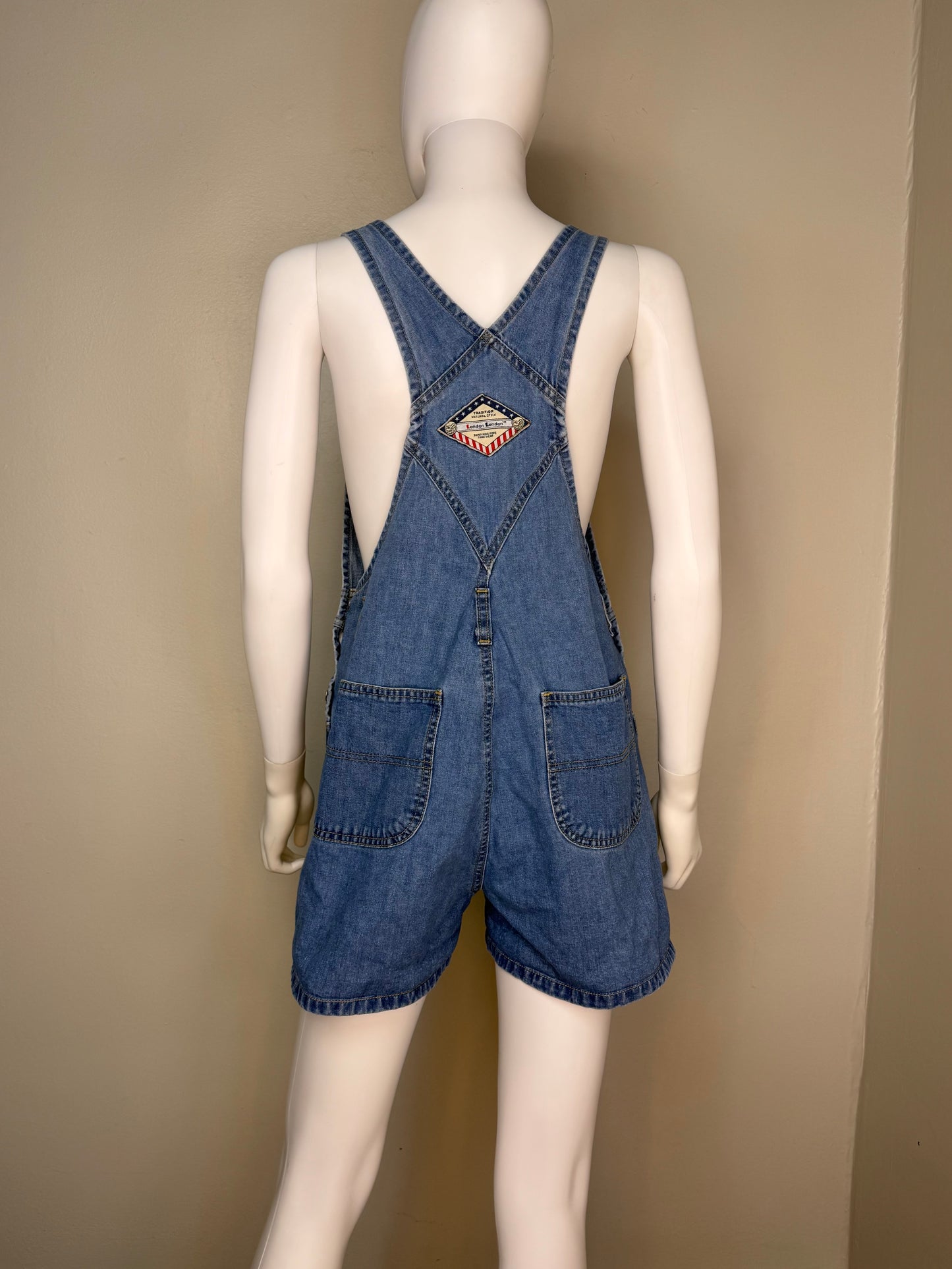 1990s Denim Shortalls with Clip Straps, London London Overalls Size Medium, Blue Jean
