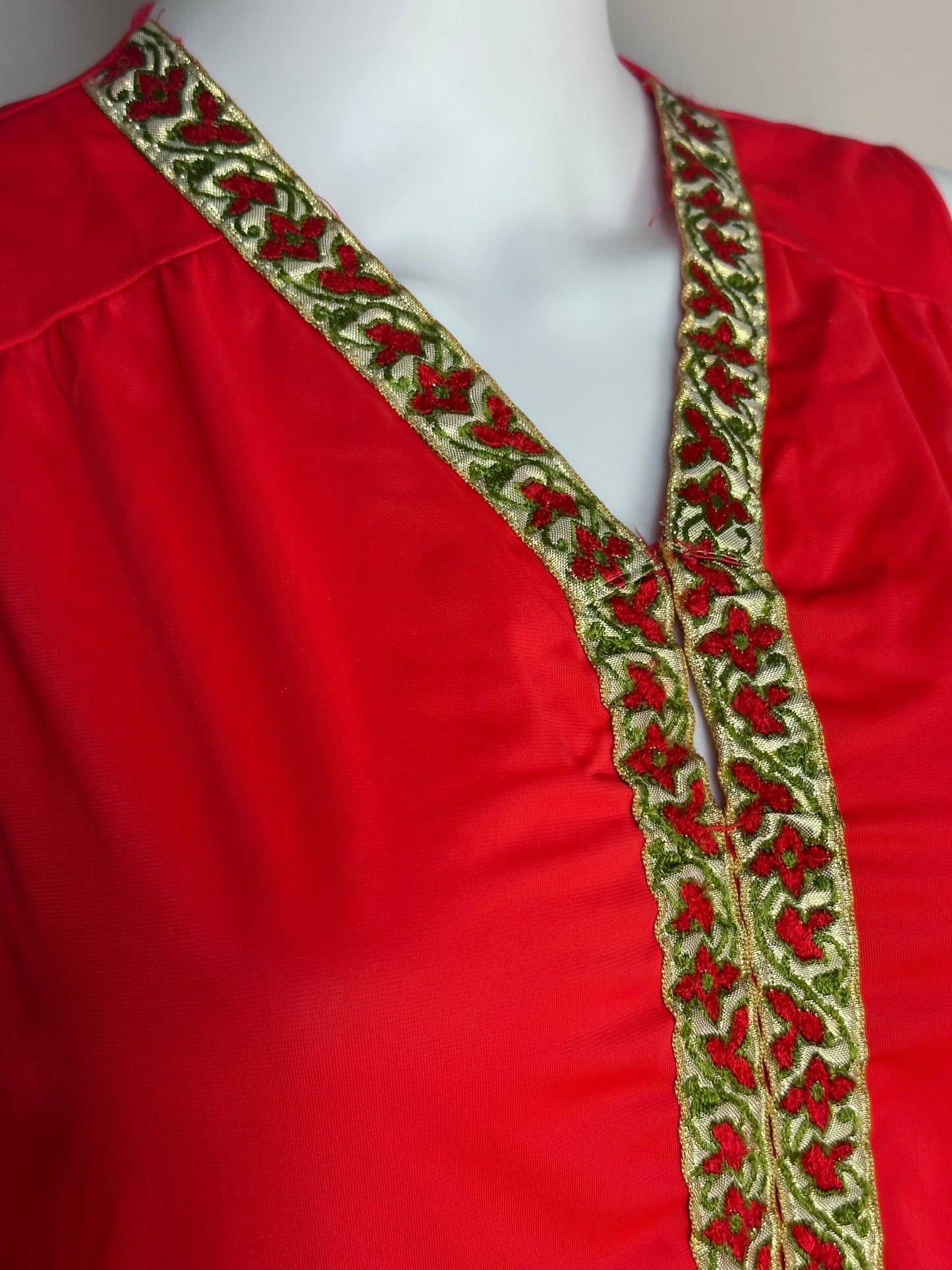 1970s Red Nightgown with Green and Red Floral Trim, Lorraine Size Small