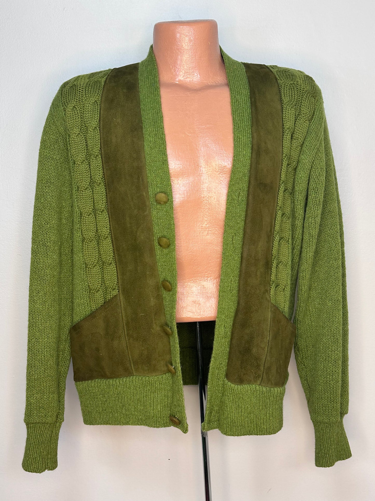 1960s Green Wool and Leather Cardigan Sweater, Sedgewick Sportswear Size Medium