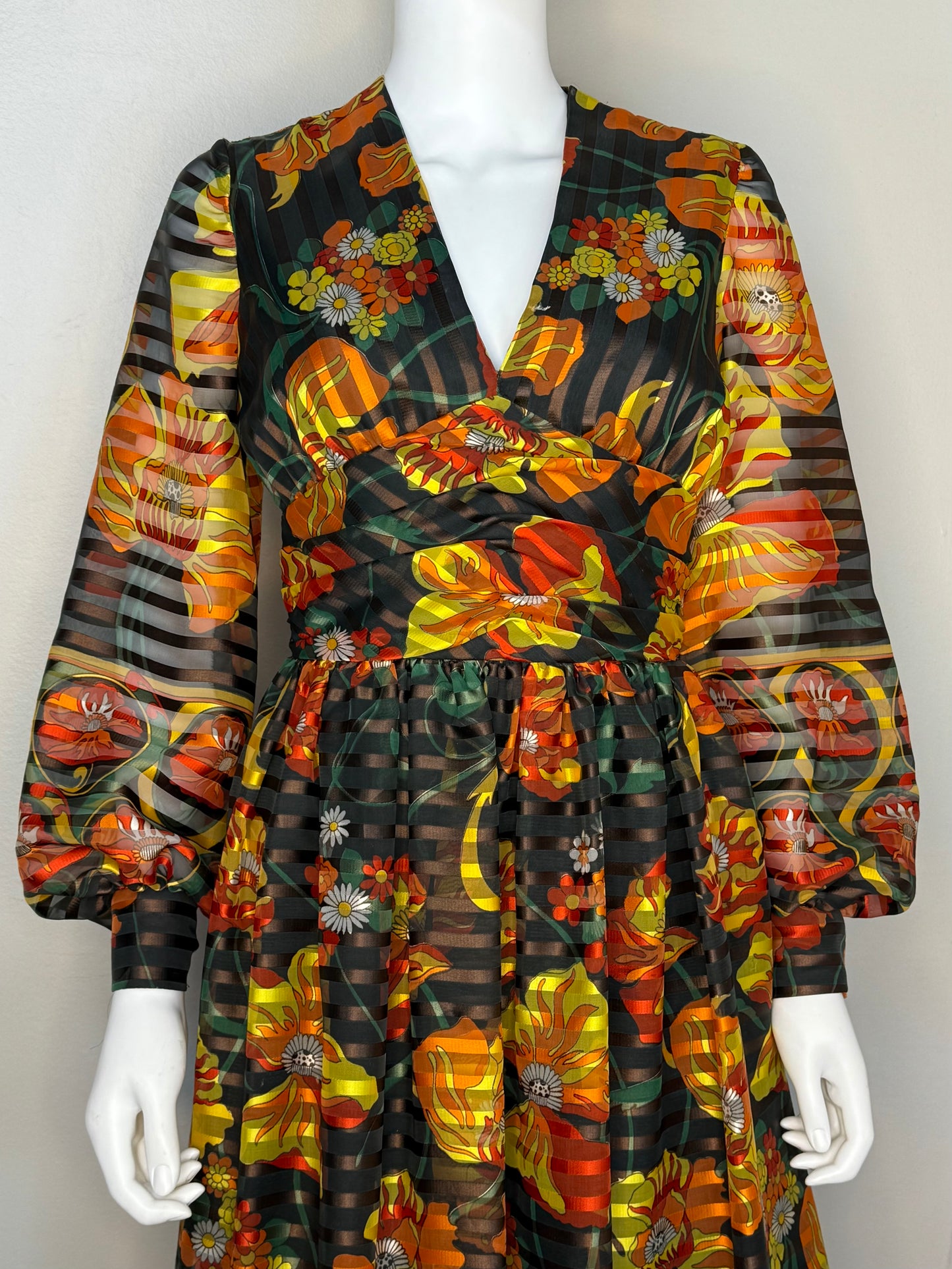 1970s Orange Floral Maxi Dress, Long Sleeve Formal, Balloon Sleeves, Morton Myles for Smith and Jones Size XS