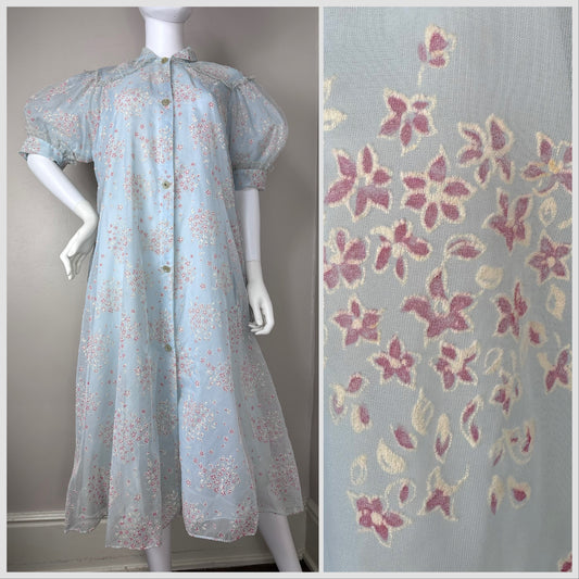 1950s Sheer Flocked Floral Robe, By Jane Joyce Size S/M