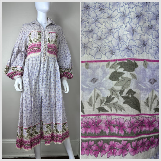 1970s Floral Border Print Dress, Size Medium